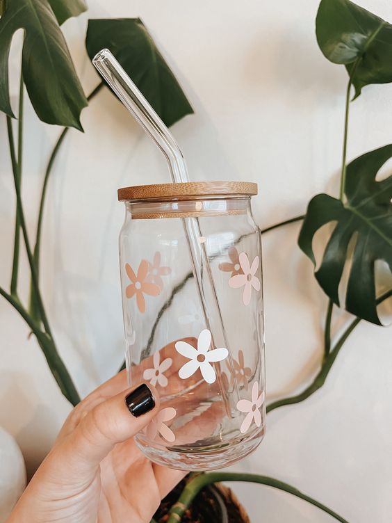 Floral Iced Coffee Glass With Bamboo Lid & Glass Straw, Beer Can Glass, Can Glass, Tumbler, Flowers, Flower, Floral, Cup, Cups