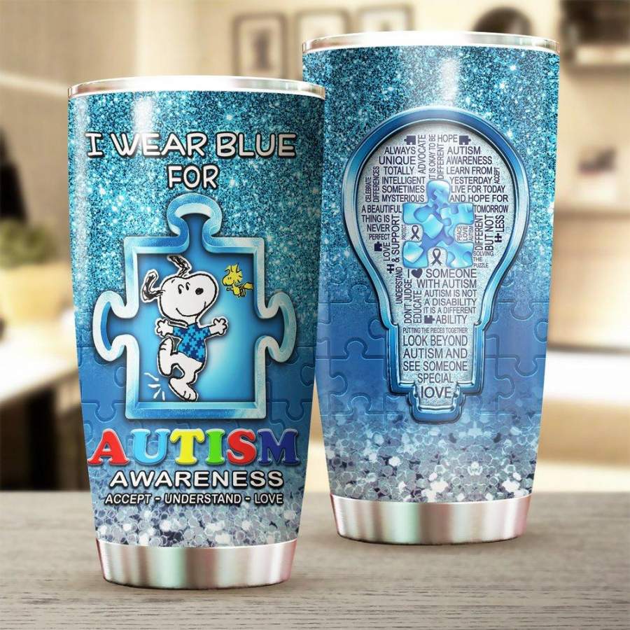 Light Autism Mug Snoopy I Wear Blue For Autism Awareness Mug Stainless Steel Tumbler 20 Oz Gift For Autism Awareness