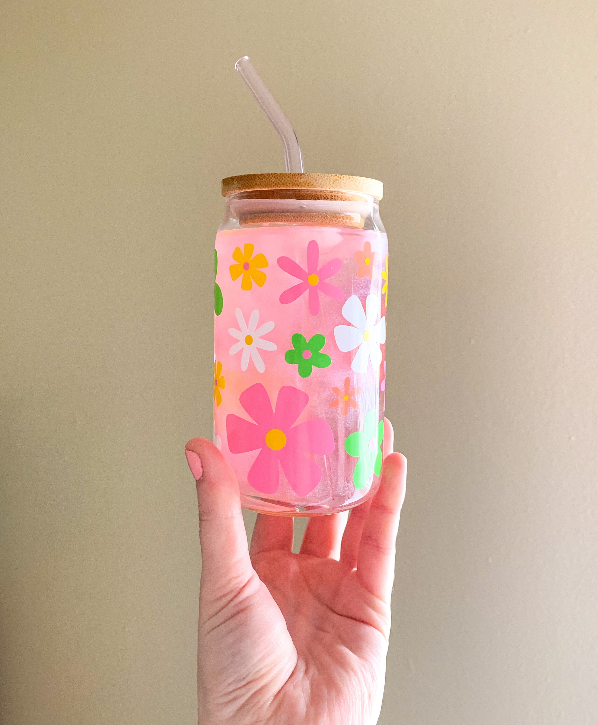 Retro Daisy Can Glass | Daisy Can Glass | Groovy Can Glass | Iced Coffee Cup | Iced Coffee Glass | Flower Glass Cup | Daisy Glass Cup