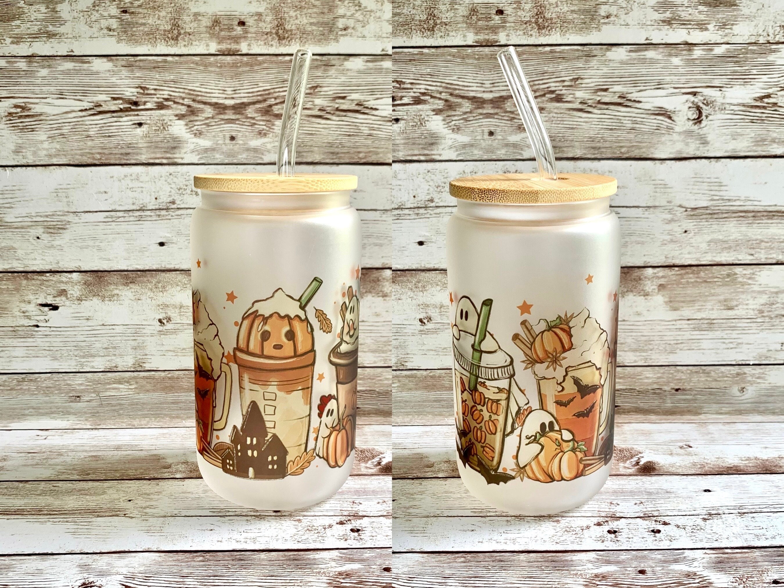 Fall Halloween Latte Beer Can Glass / Cute Scary Iced Coffee Cup / Pumpkin Spice Autumn Leaves / Gift for Her / Spooky Season Decoration