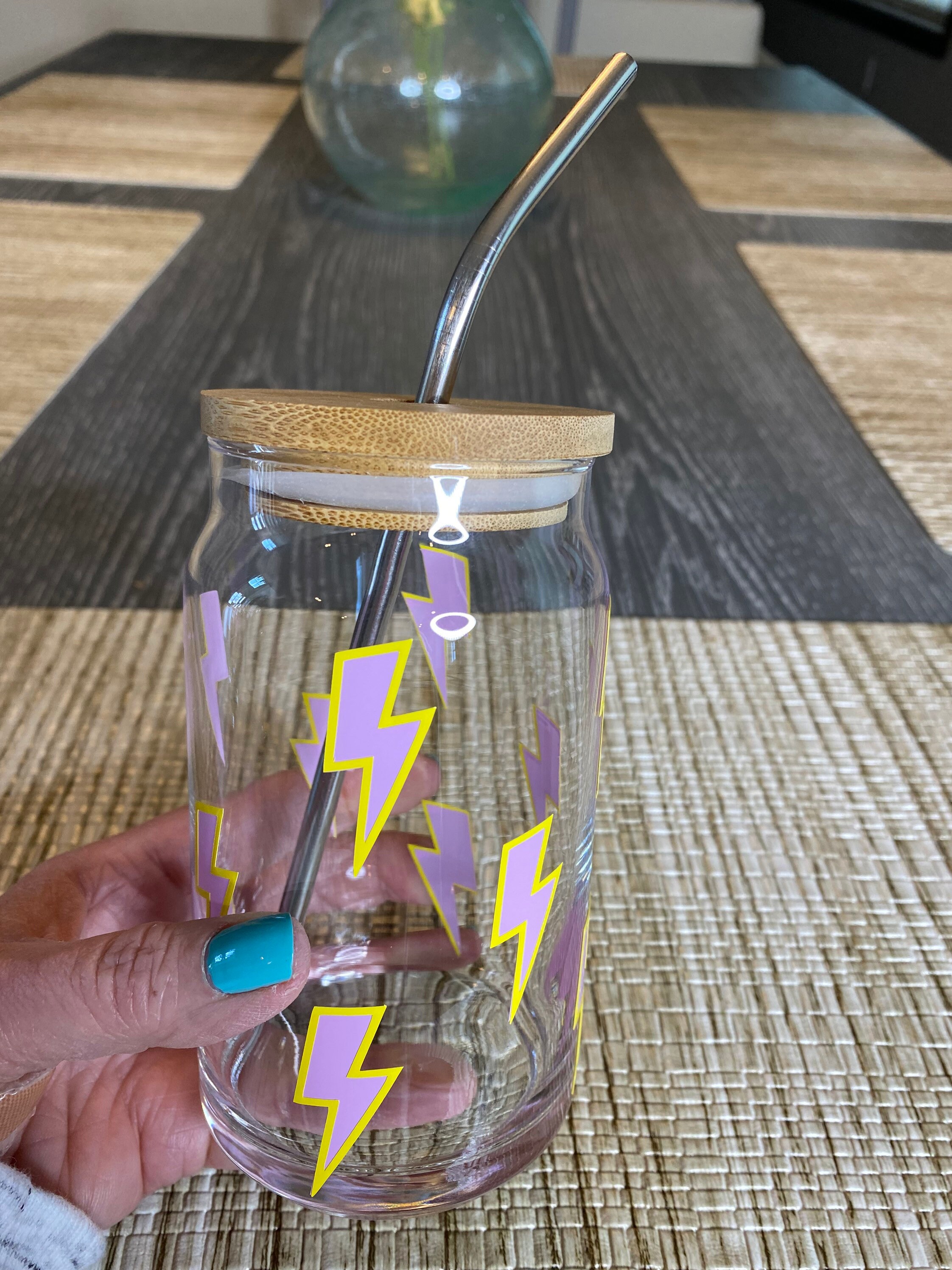 Lavender and Yellow Lightning Bolt Soda Can Glass