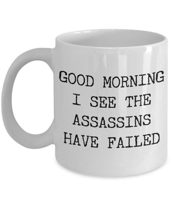 Good Morning Mug I See the Assassins Have Failed Mug Funny Mugs Sarcastic Coffee Mug Rude Coffee Cup Insulting Mug Funny Gifts for Coworkers