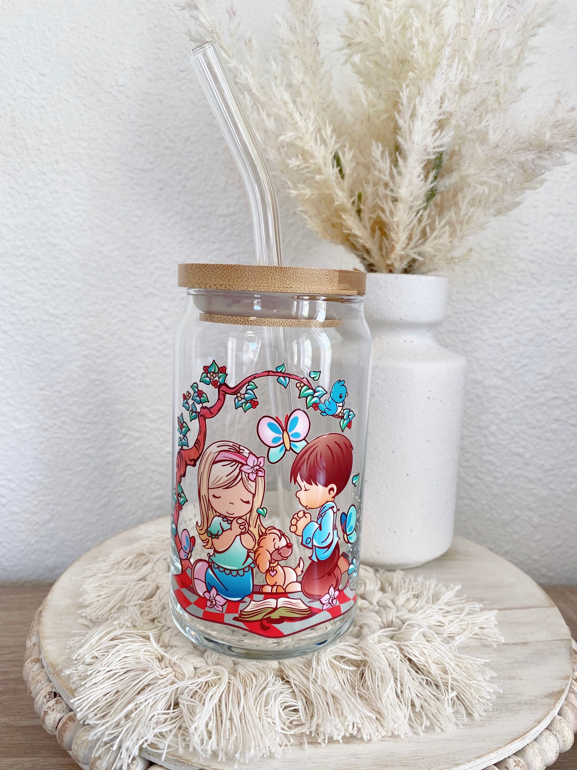 Precious Angel Iced Coffee Glass, Precious Moment Beer Can Glass, Pray Coffee Cup, Cute Glass Cup, Gift For Her, Precious Cartoon Glass Cup