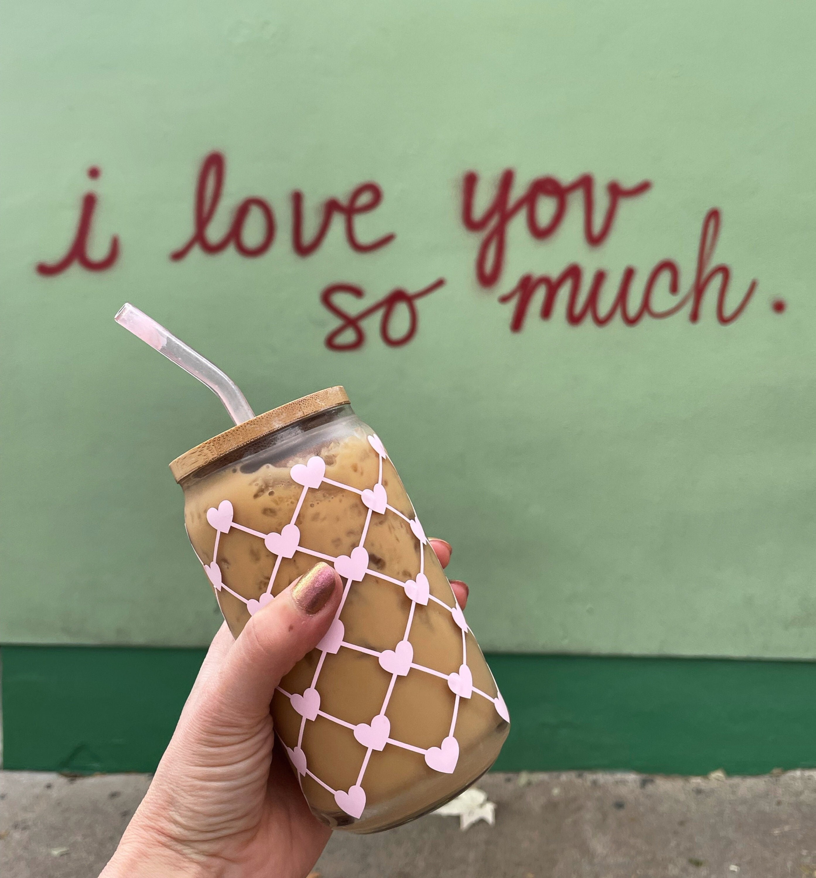 Pink Heart Glass Cup, Custom Color Mini Heart Checker Cup, Trendy Valentines Day Gift, Iced Coffee Cup with Lid and Straw, Gifts for Her