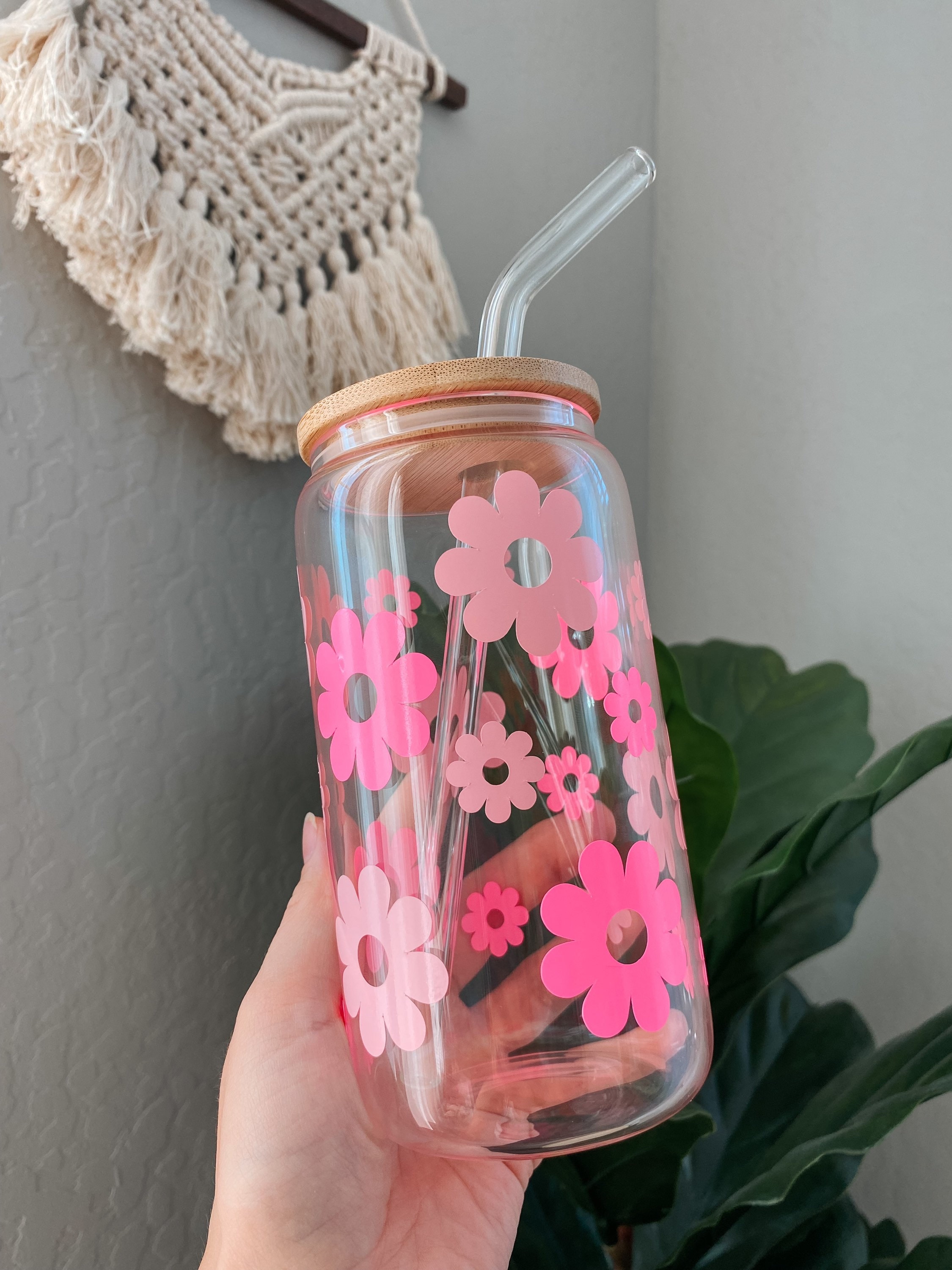 PINK groovy retro flowers glass cup | glass can cup | iced coffee cup | beer glass cup |