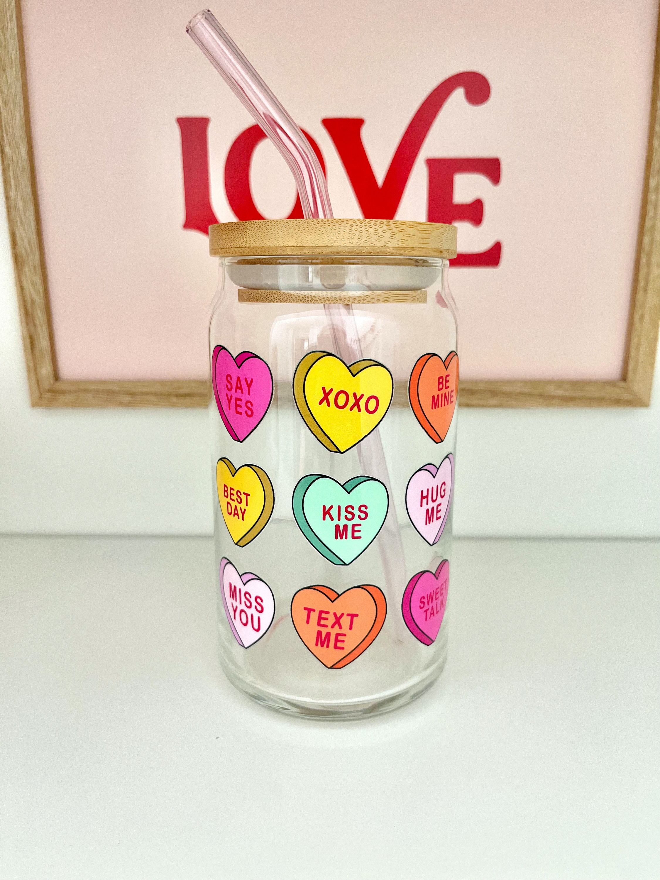 Candy Hearts Glass Cup / Valentines Day Glass Cup / Iced Coffee Glass / Cute Coffee Cup / Valentines Gift / Gifts for Her