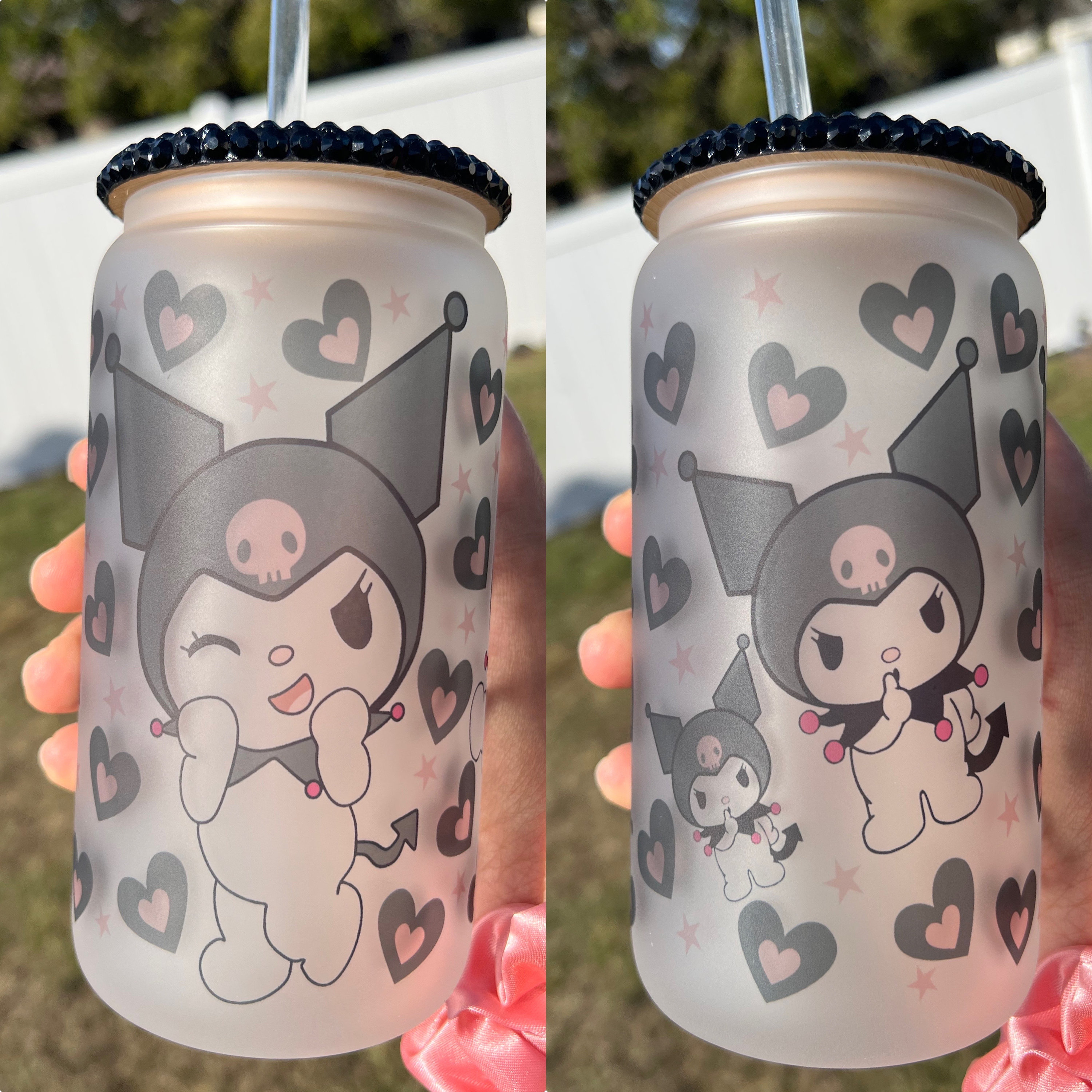 Cute Pink and Black Kawaii Anime Character 16 Oz Frosted Beer Can Glass Cup, Cute Kawaii Cups, Personalized Cups, Pink Cups, Birthday Gifts