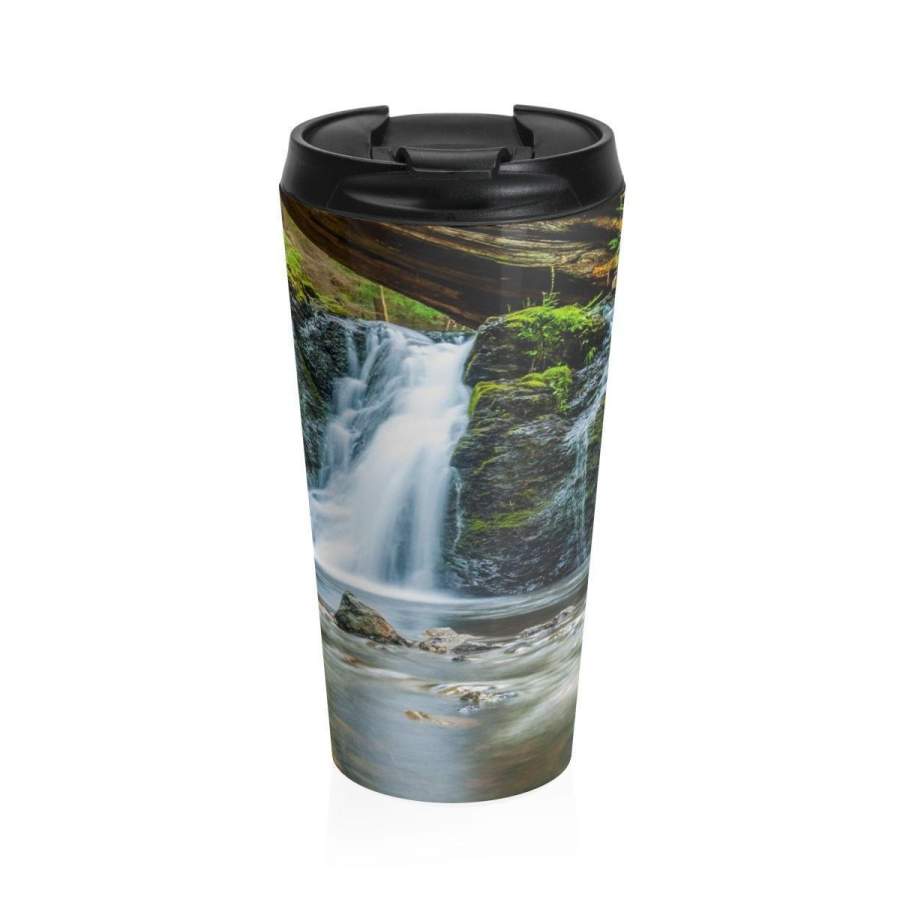 Stainless Steel Travel Mug, Boho Bohemian Hippie Travel Mug, Waterfalls Nature All Over Print Steel Mug, 15 Ounce Tumbler, 15oz Travel Mug