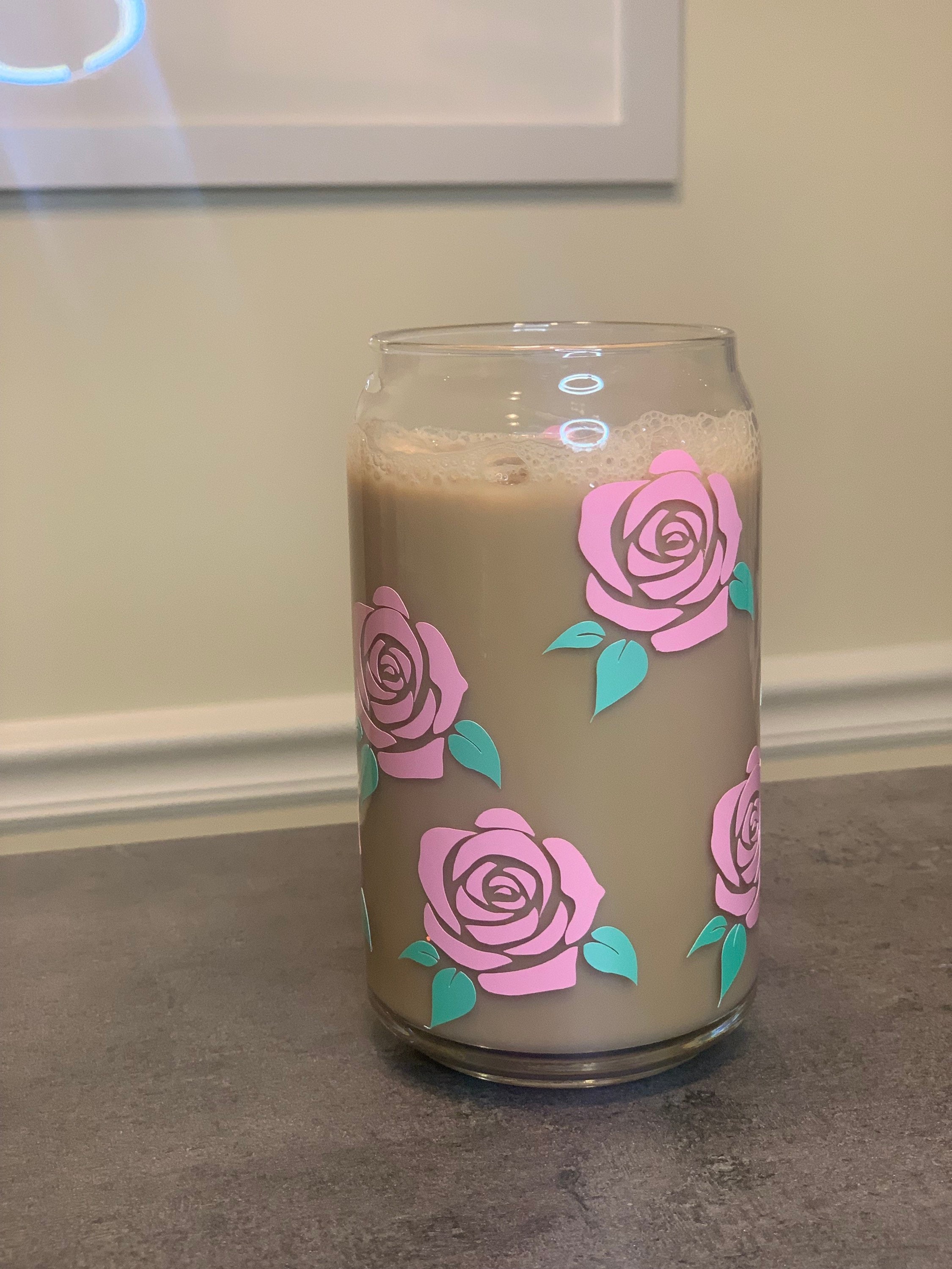 Floral Roses Beer Can Glass / Valentines Hearts Cold Cup / Vday Flower Custom Tumbler / Gift for her / Best Friend Gift idea / Iced Coffee