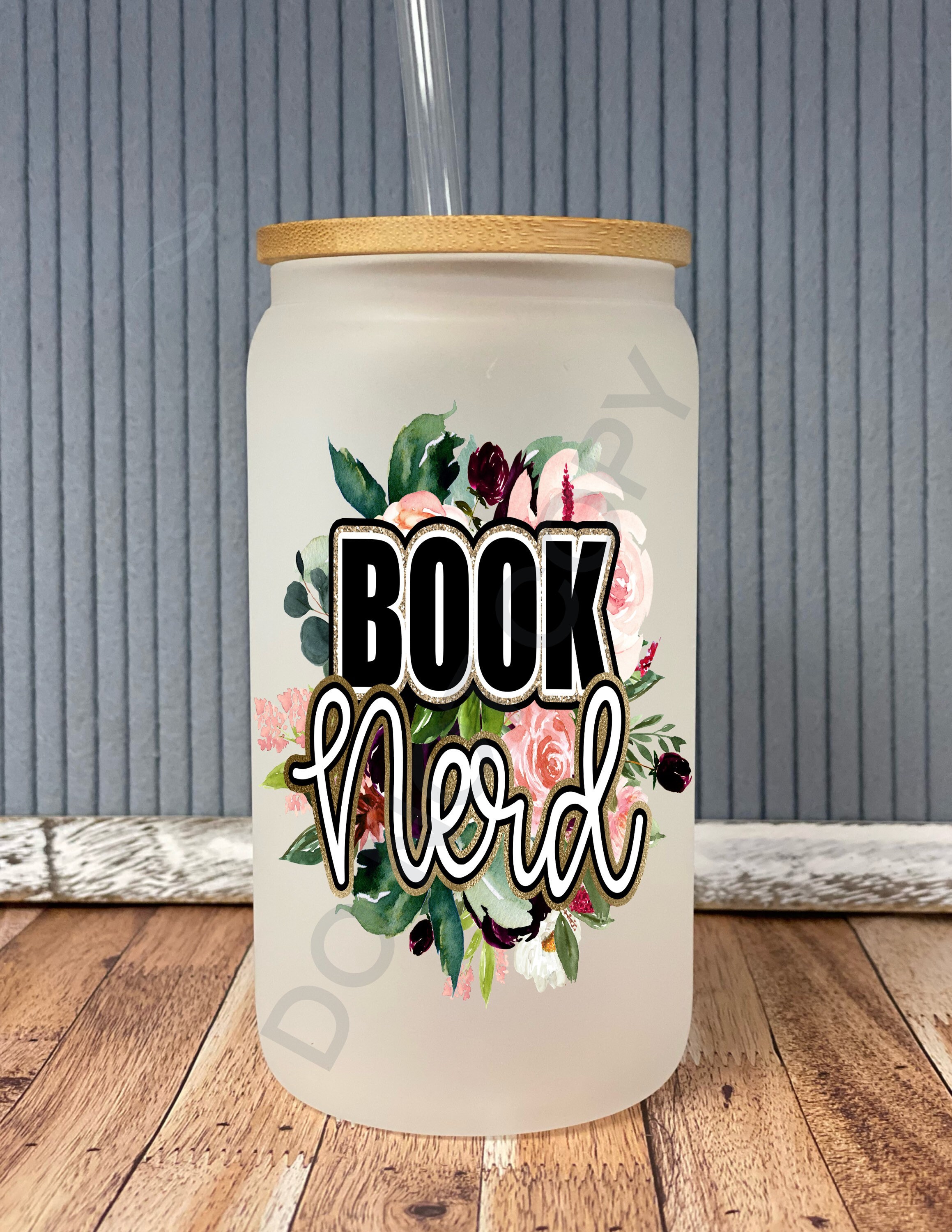 Book nerd- frosted can shaped glass with lid and straw