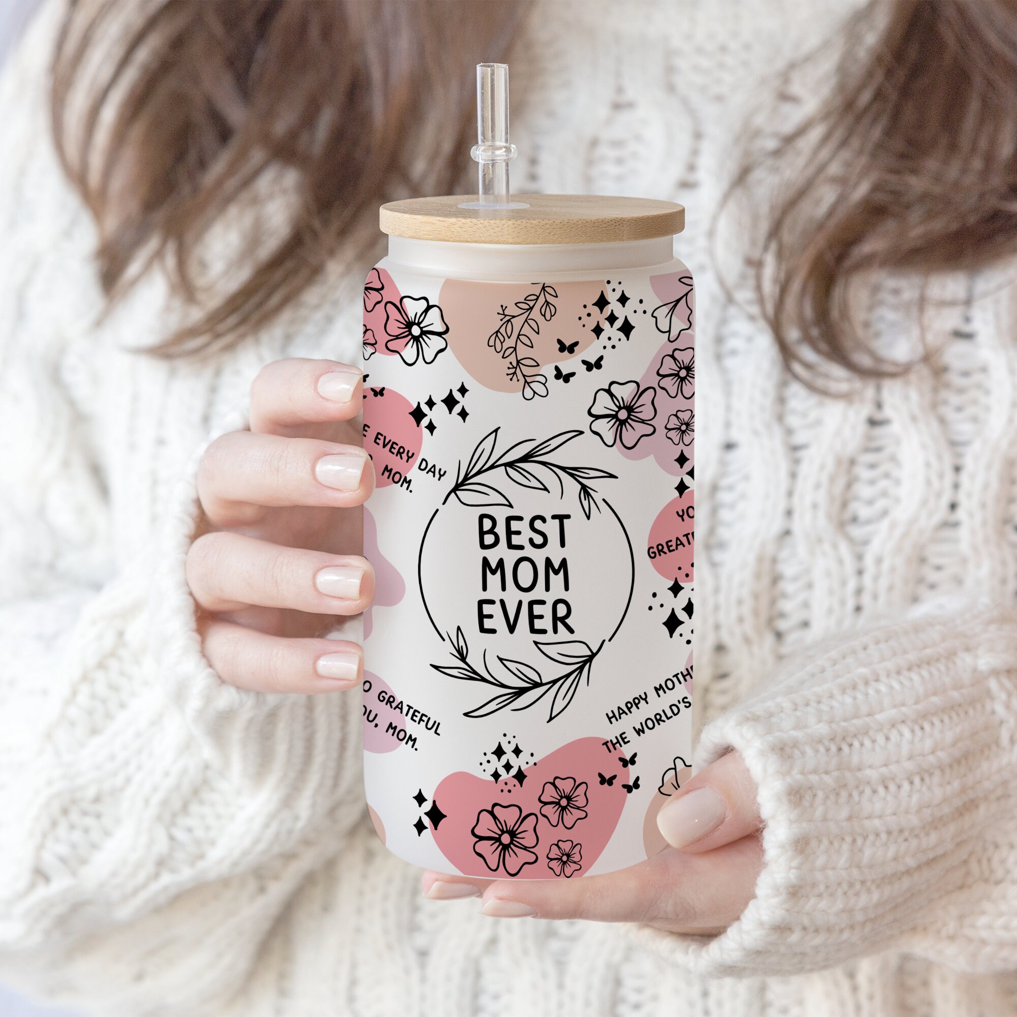 16 oz Libbey Glass Can Tumbler Sublimation Design Boho Pink Flower Best Mom Ever | Mom Daily Affirmations | Gift for Mother’d Day PNG