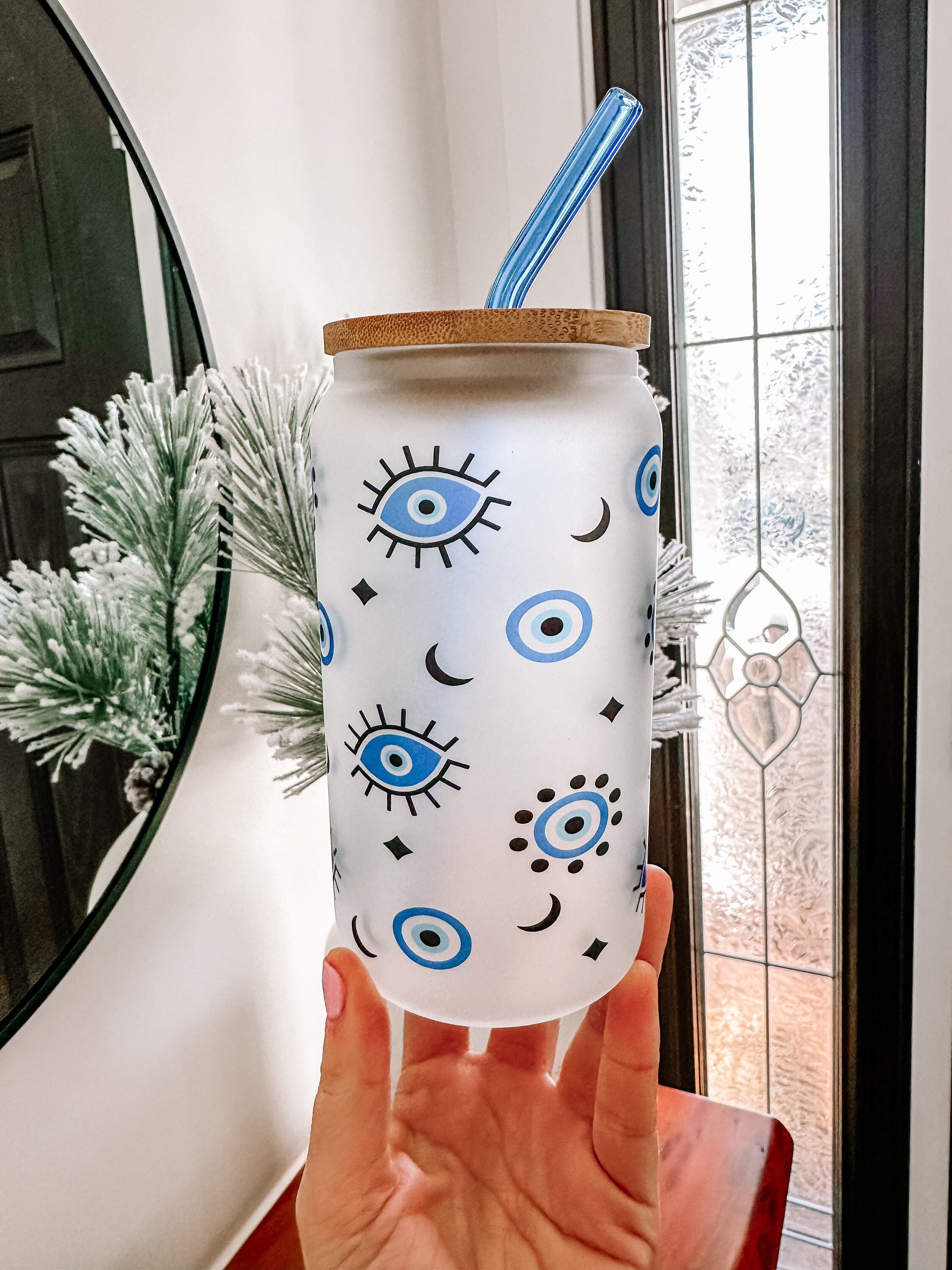 Evil eye Glass cup 16oz Tumbler Protect your energy Hasma gift for her best friend tumbler Birthday gift for best Friend turkish evil eye