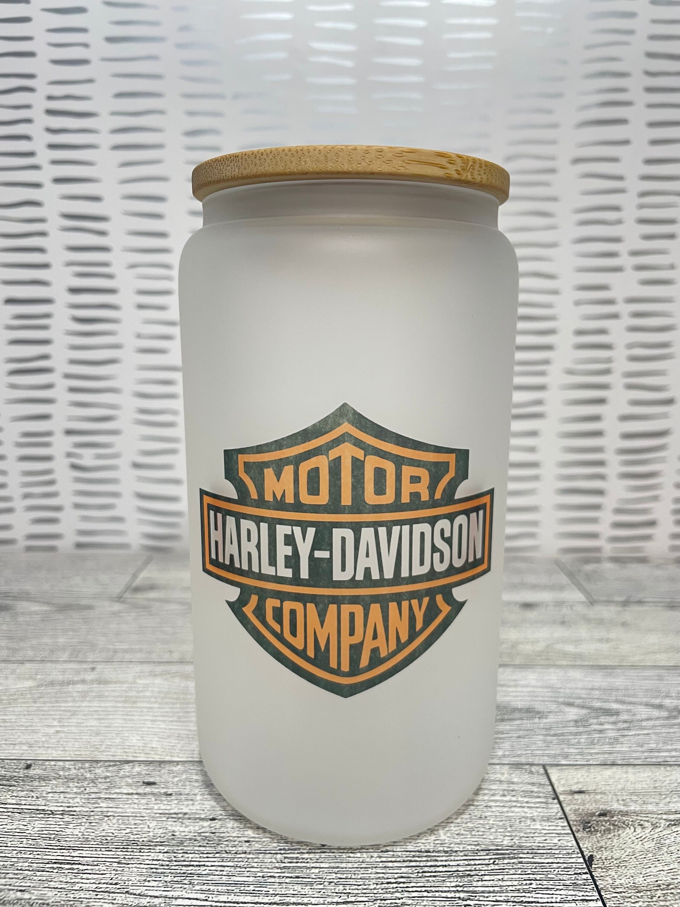 Harley Davidson Glass Cup| Harley Davidson | 16 oz Glass Can | Iced Coffee | Bamboo Lid | Fathers Day gift | Beer Can Glass | Sublimation