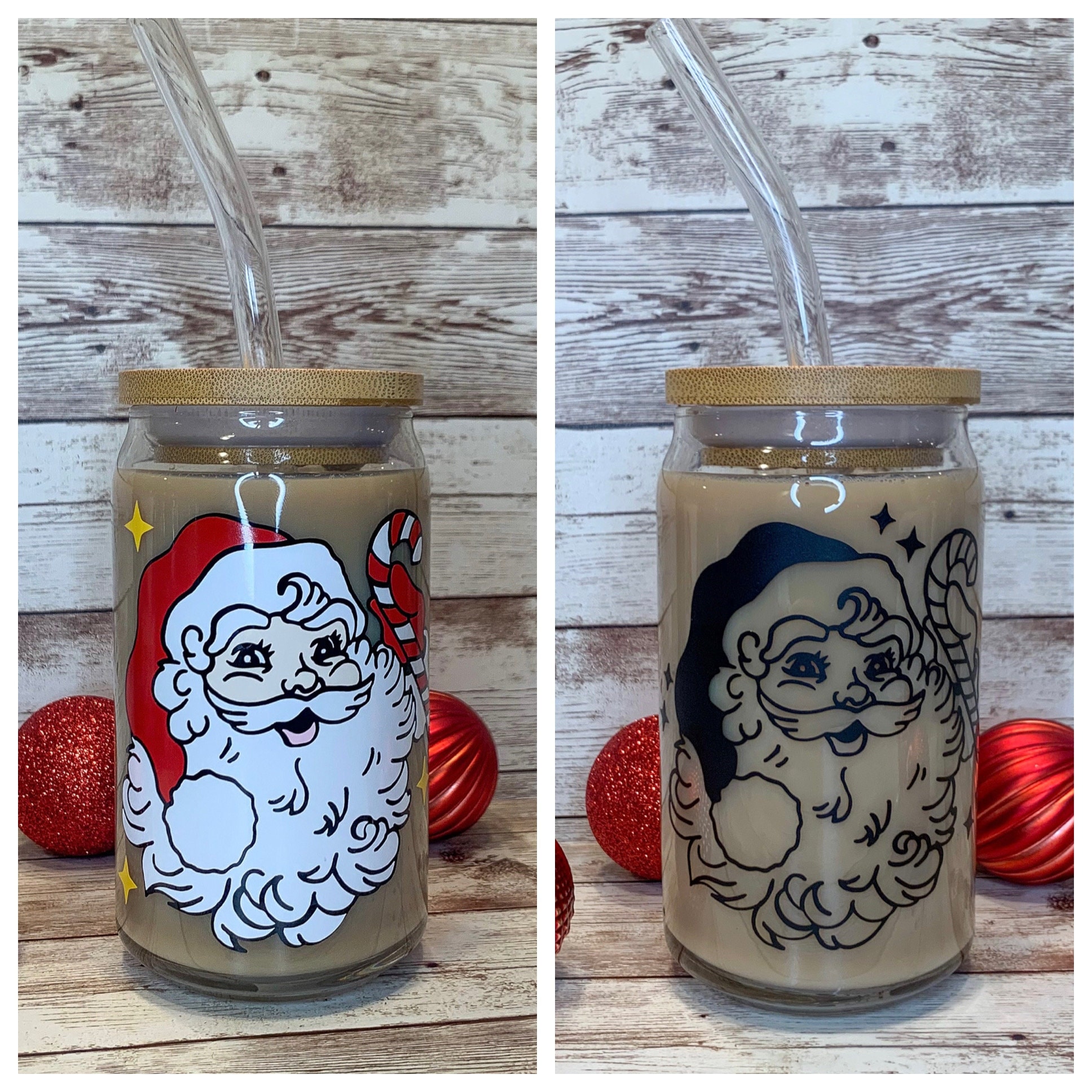 Santa Christmas Beer Can Glass / Iced Coffee Glass / Vintage Christmas / Gift for her / Holiday Cups / Retro Christmas Decor / Xmas Gift