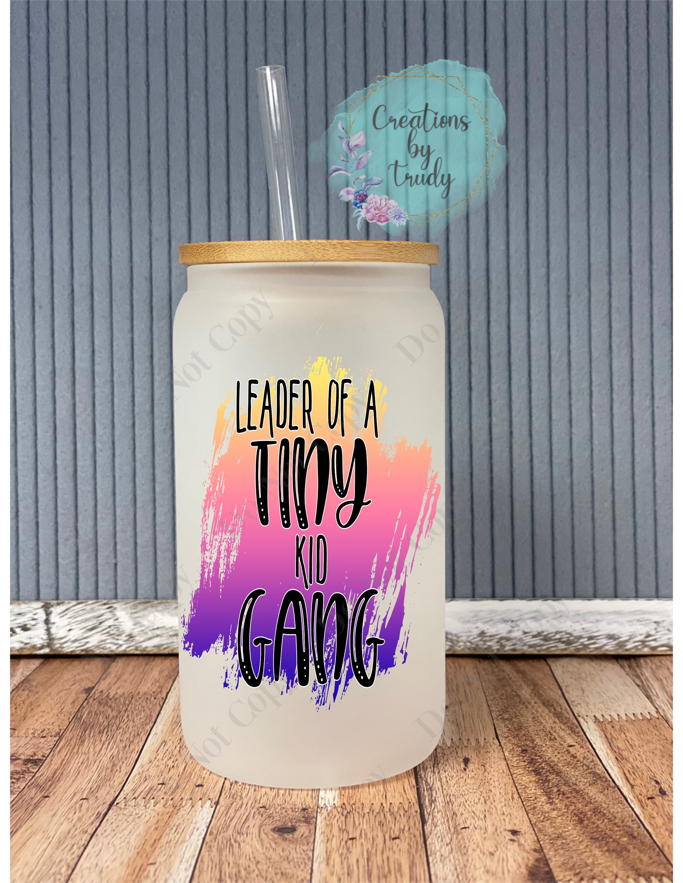 Leader of a tiny kid gang- frosted can shaped glass with lid and straw