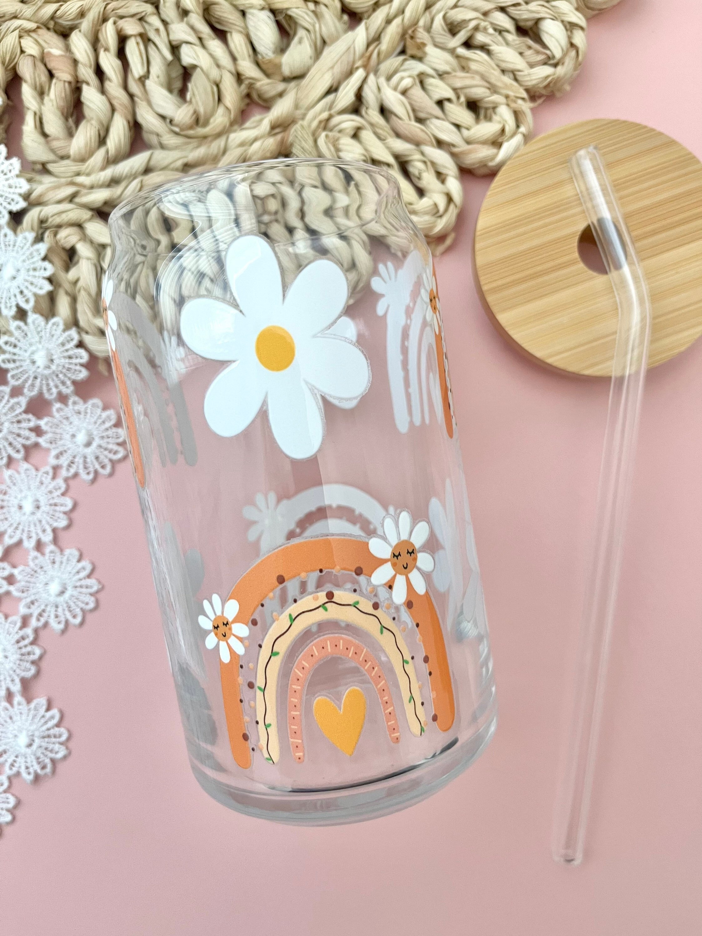 Daisy and Rainbow Glass Cup / Daisies Glass Cup / Flowers Glass Cup / Gifts for Her / Cute Glass Cup / Iced Coffee Cup / Gifts for Mom