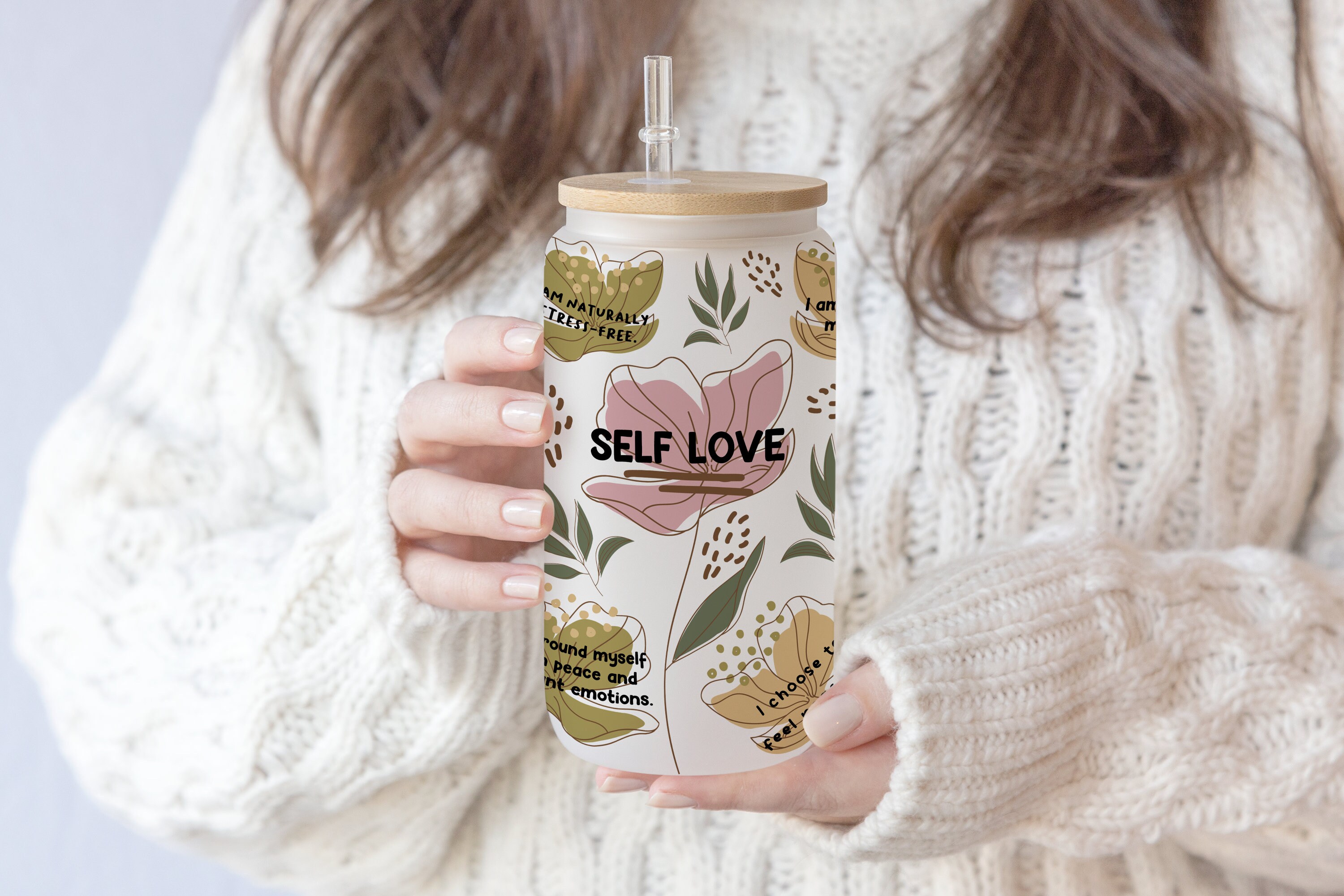 16 oz Libbey Glass Can Tumbler Sublimation Boho Self Love Daily Affirmations Flower Wrap Inspirational ,Self Lover, Positive wording SVG PNG