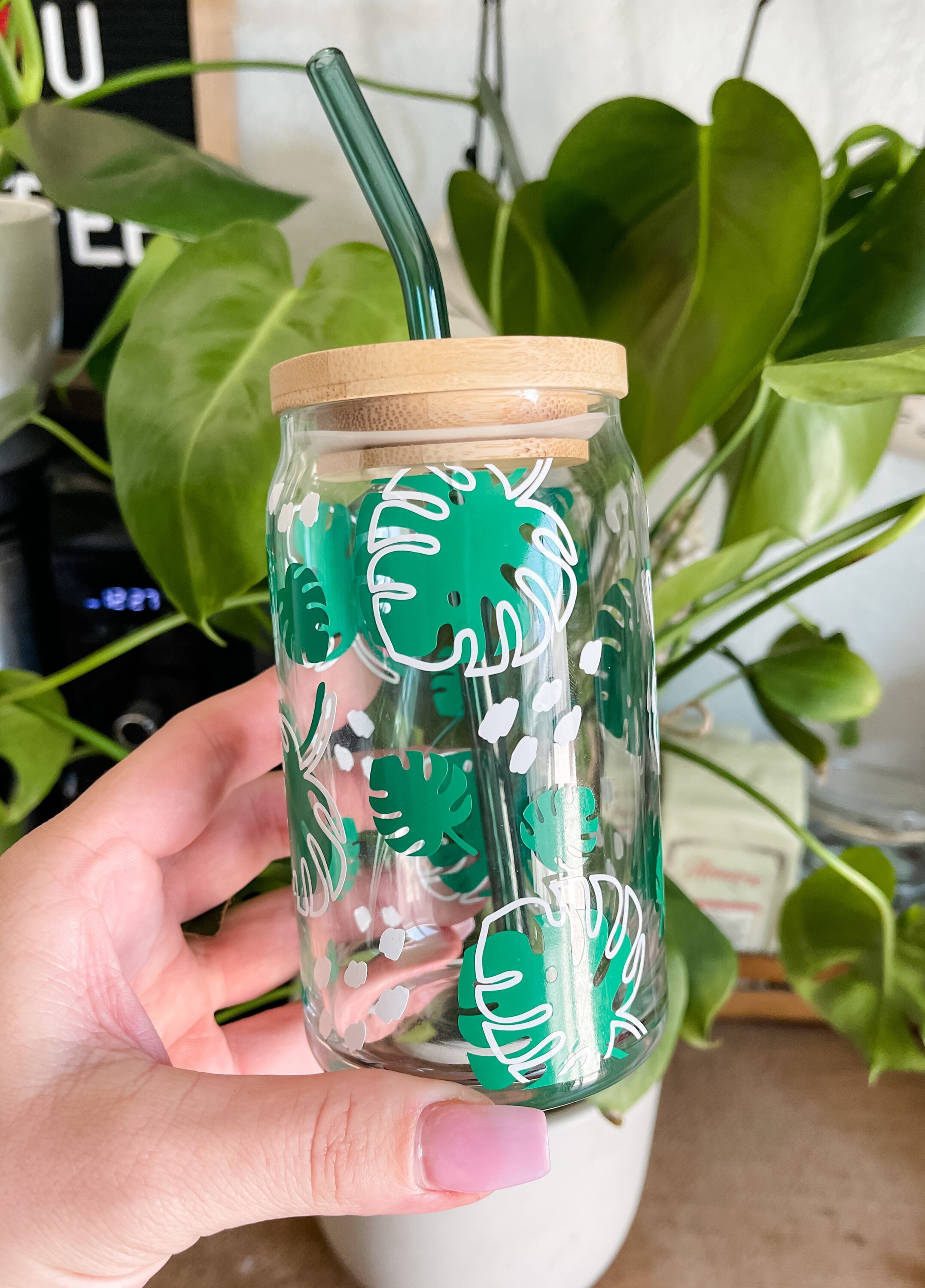 Monstera Coffee Glass, Glass Tumbler, Beer Soda Can Glass, Glass Coffee Cup, Iced Coffee Cup, Birthday, Coffee Lover, Plant Lover Gift