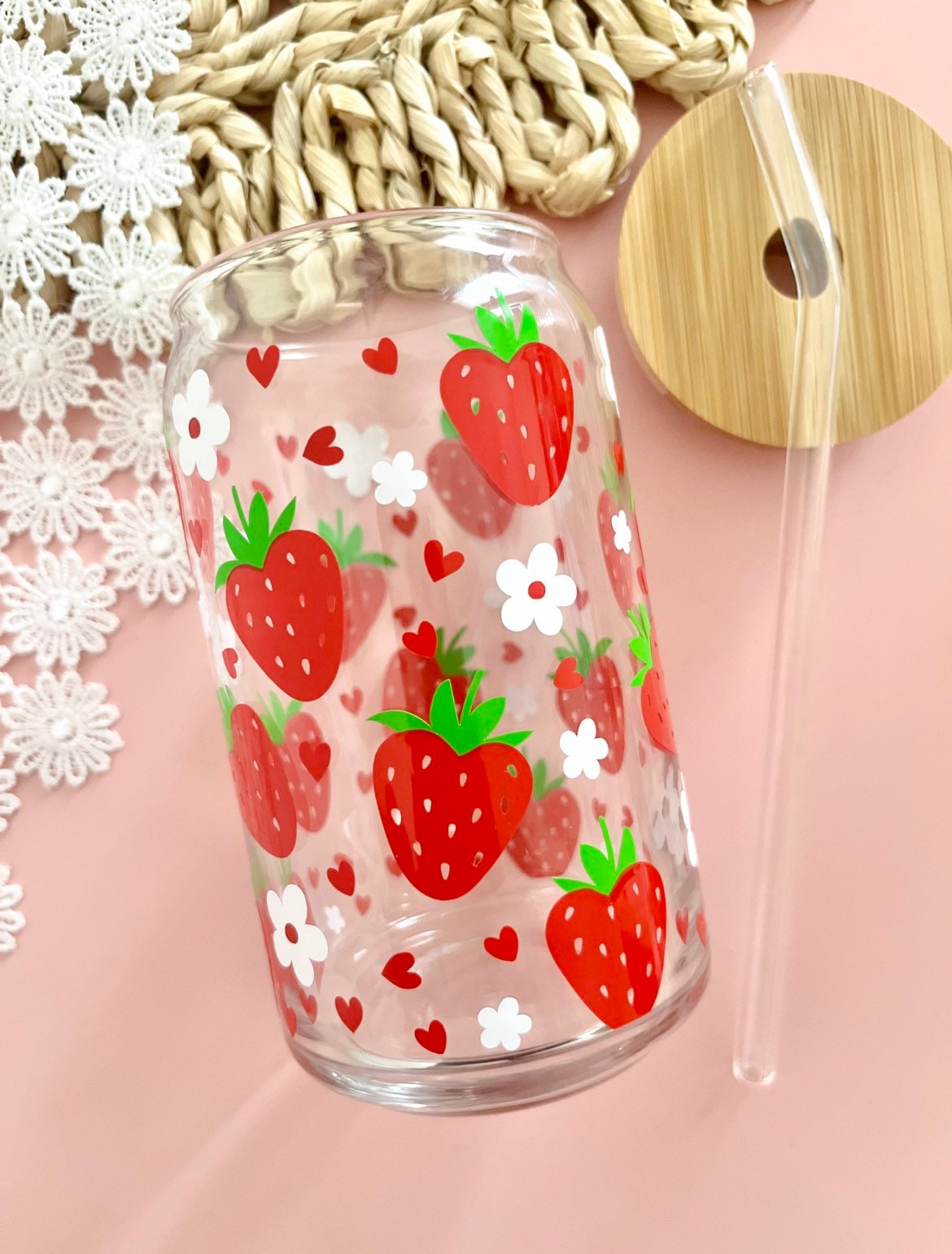 Strawberry and Hearts Glass Cup / Daisy Glass Cup / Valentines Glass Cup / Iced Coffee Glass / Cute Coffee Cup / Valentines Gift /