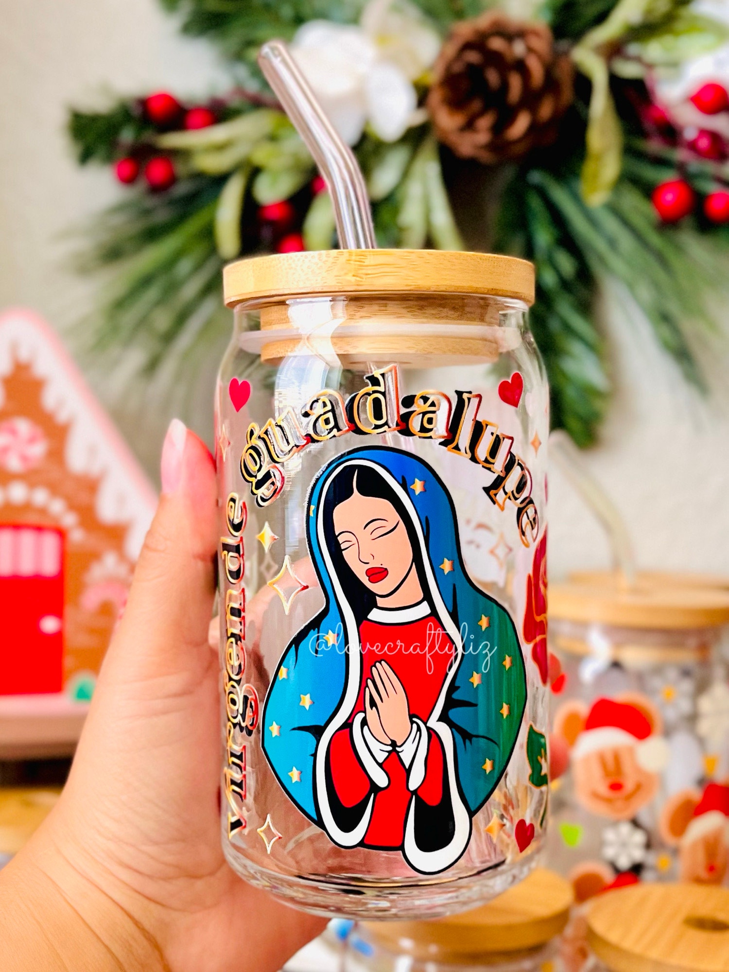 Virgen De Guadalupe 16 oz Glass | Christmas Can Glass | Navidad | Virgin Mary Cup | Nativity Coffee Glass | Xmas Tree | Gift idea | Catholic