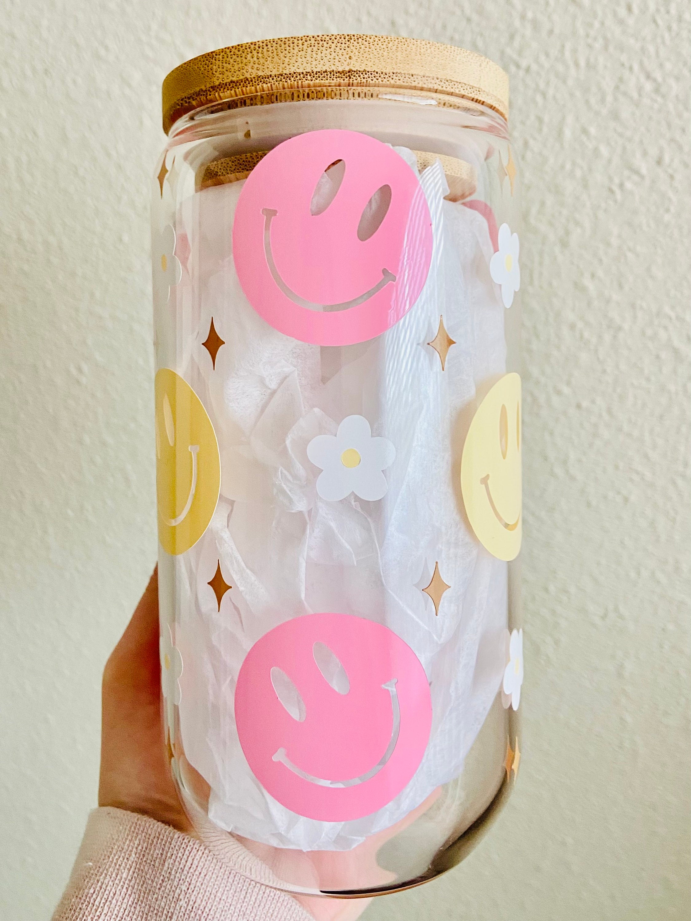 Smiley face glass cup | 16oz libbey glass cup | flower cup | iced coffee cup | gifts for her | cute cups | spring cup | trendy glass cup