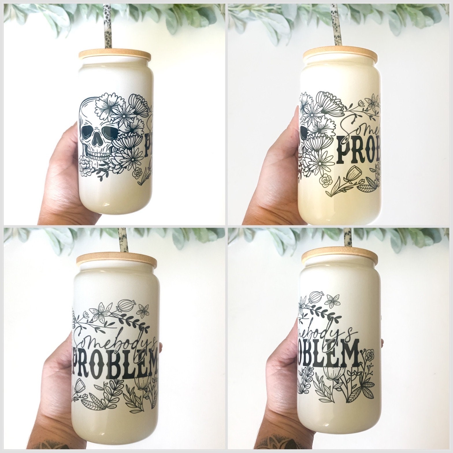 Somebody’s Problem -Floral Skeleton tumbler / Libbey cup/Floral Skeleton beer can cup/ glass beer can cup/ skull cup