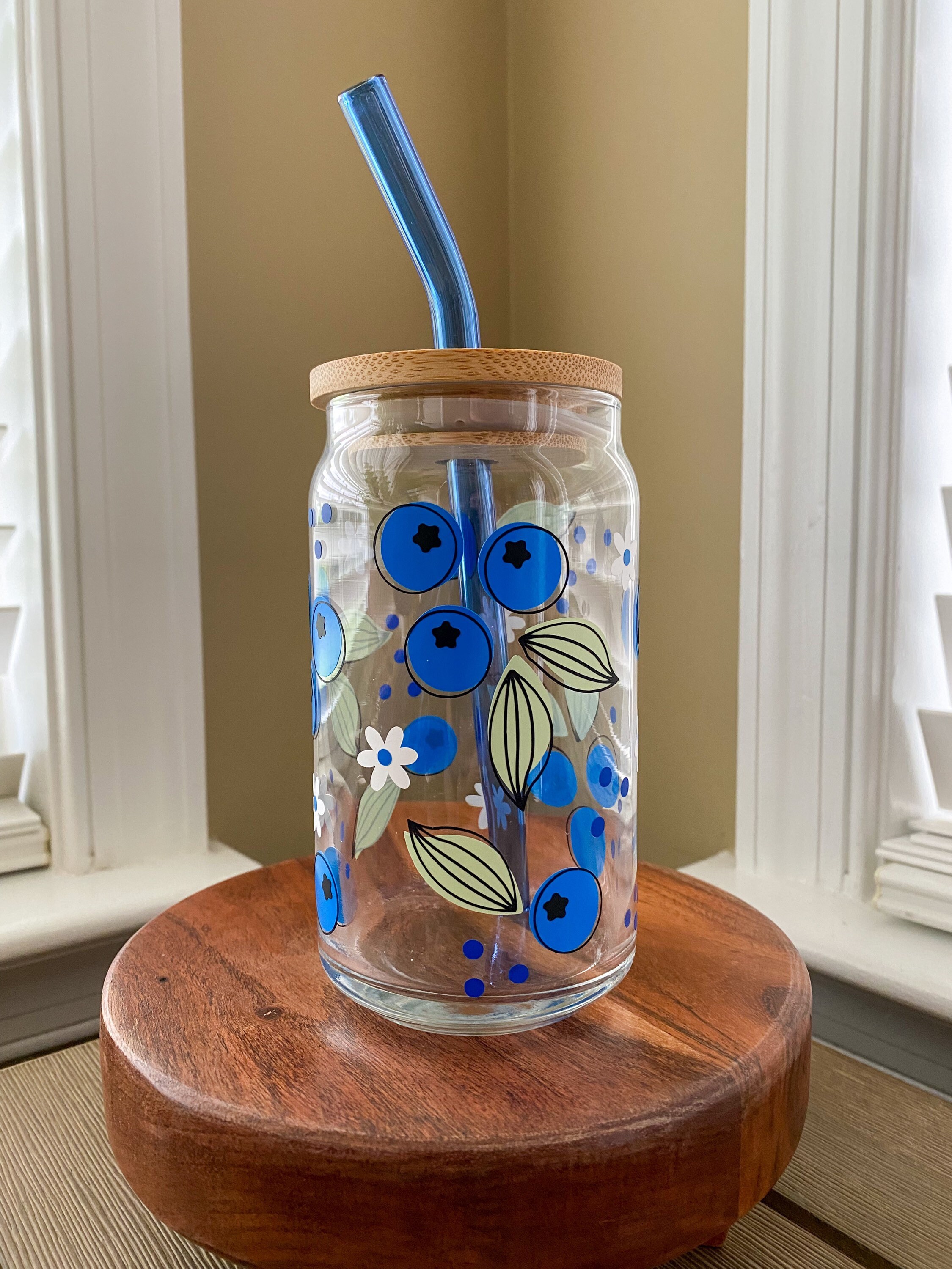 Blueberry Beer Can Glass, Blueberries Glass, Blueberry Glass Cup, Iced Coffee Glass, Iced Coffee Cup, Aesthetic Glass Cup, Blueberry Cup