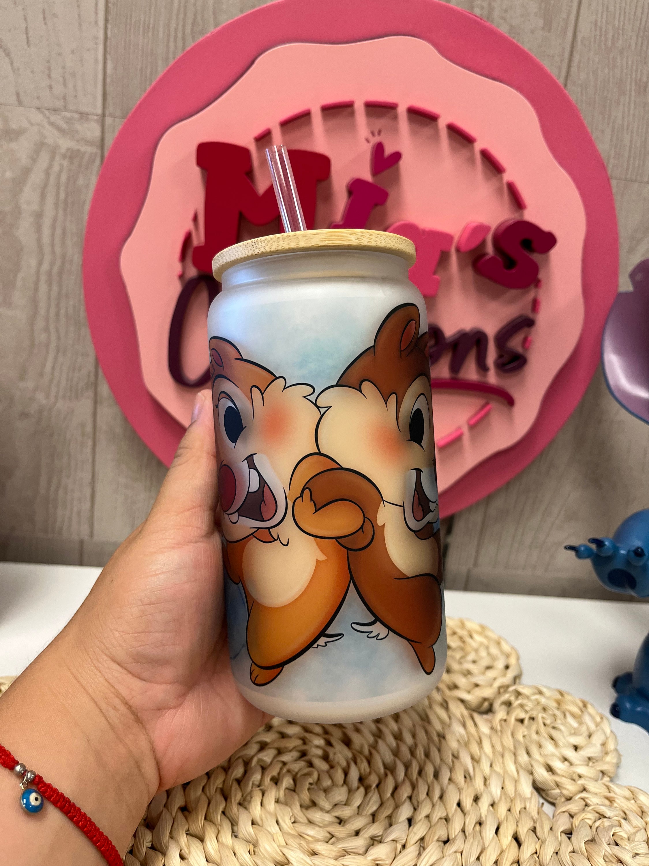 Chip and Dale frosted glass can, Chip and Dale glass can