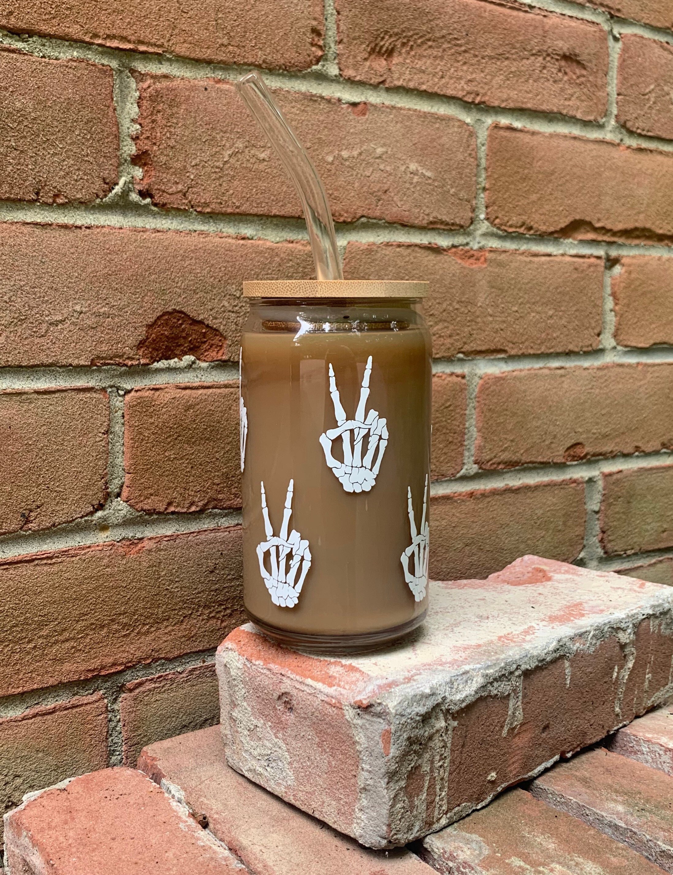 Skeleton Hands Beer Can Glass / Peace Sign / Iced Coffee Cup / Gift for Her / Spooky Season Glass / Cup with Bamboo Lid / Halloween Lover