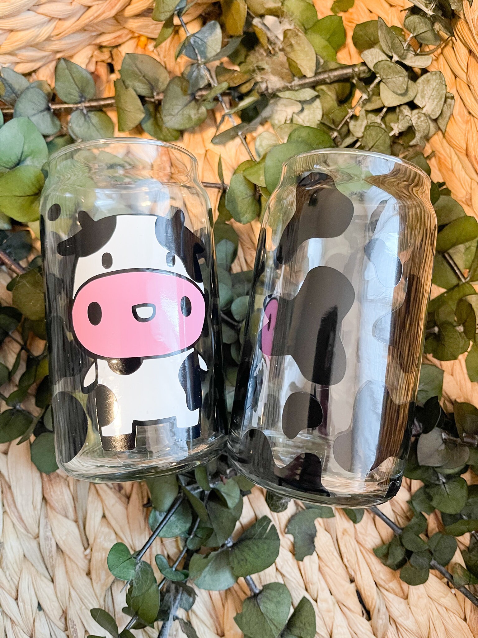 Cow Print Glass Can, Gift for Her, Personalized gift, 16 oz Can Glass, Barnyard Cow Design, Personalized Gift idea, Glass Tumbler