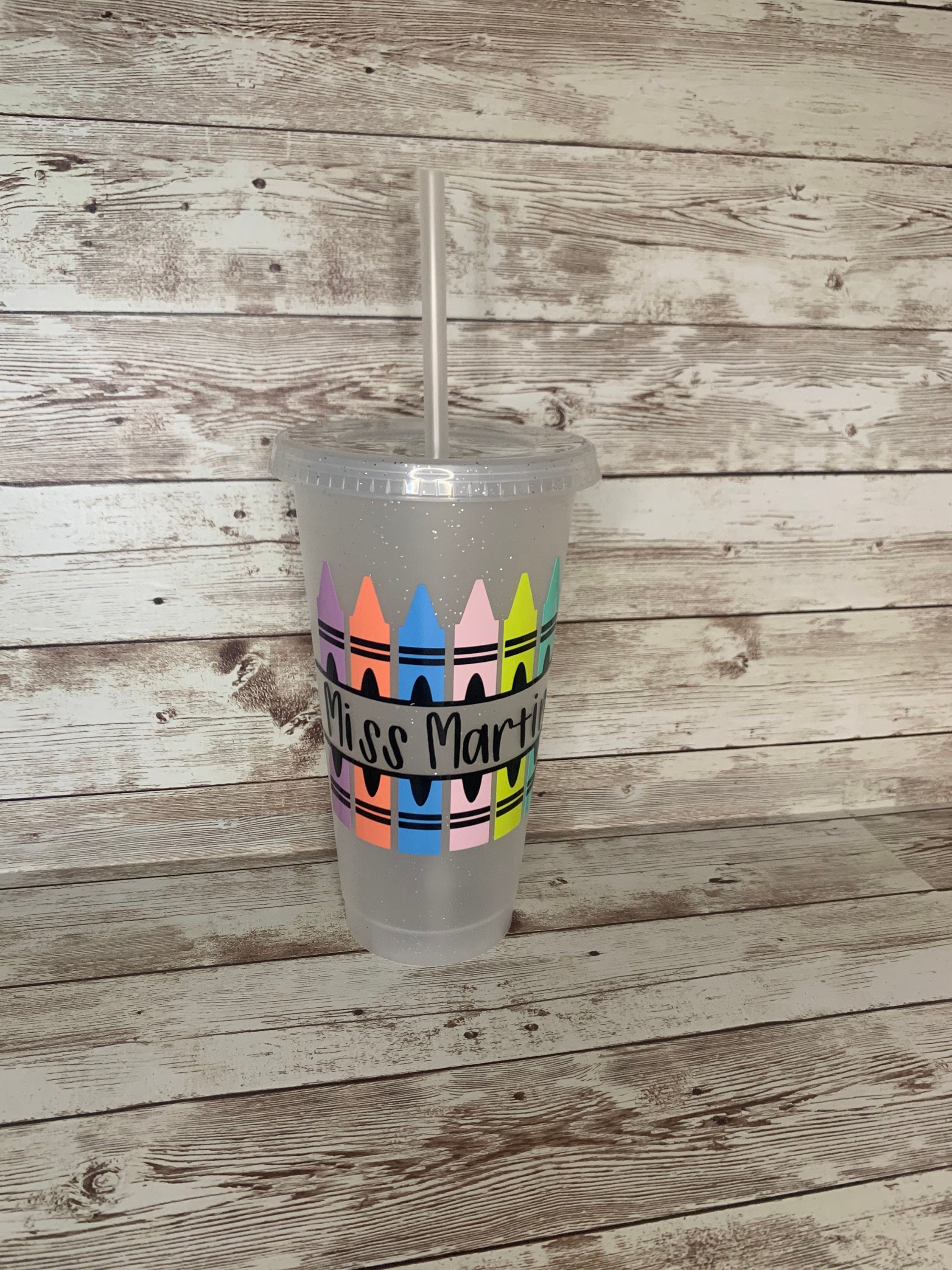 Personalized Teacher Cold Cup / Gift for Teacher / Custom Glitter Tumbler / Crayon Box / Teacher Appreciation Present / Student Teacher Gift