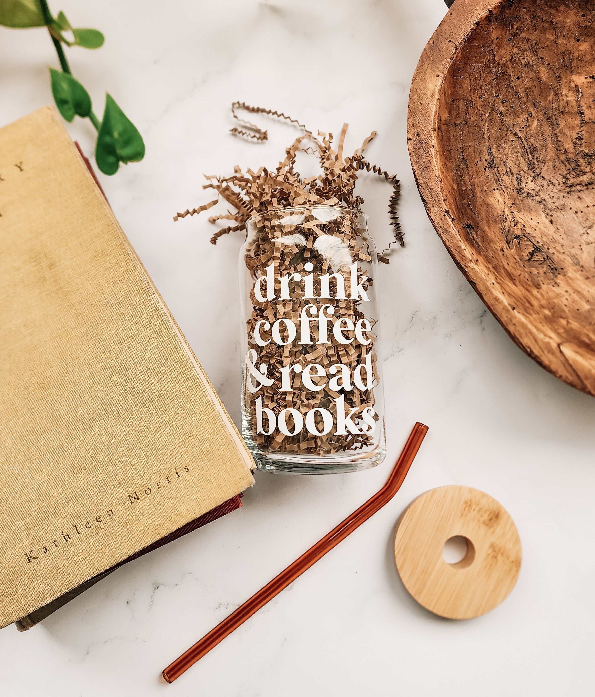 drink coffee and read books glass cup | bookworm Libby Beer Glass | Glass Cup w Bamboo Lid | Iced Coffee Glass w Straw