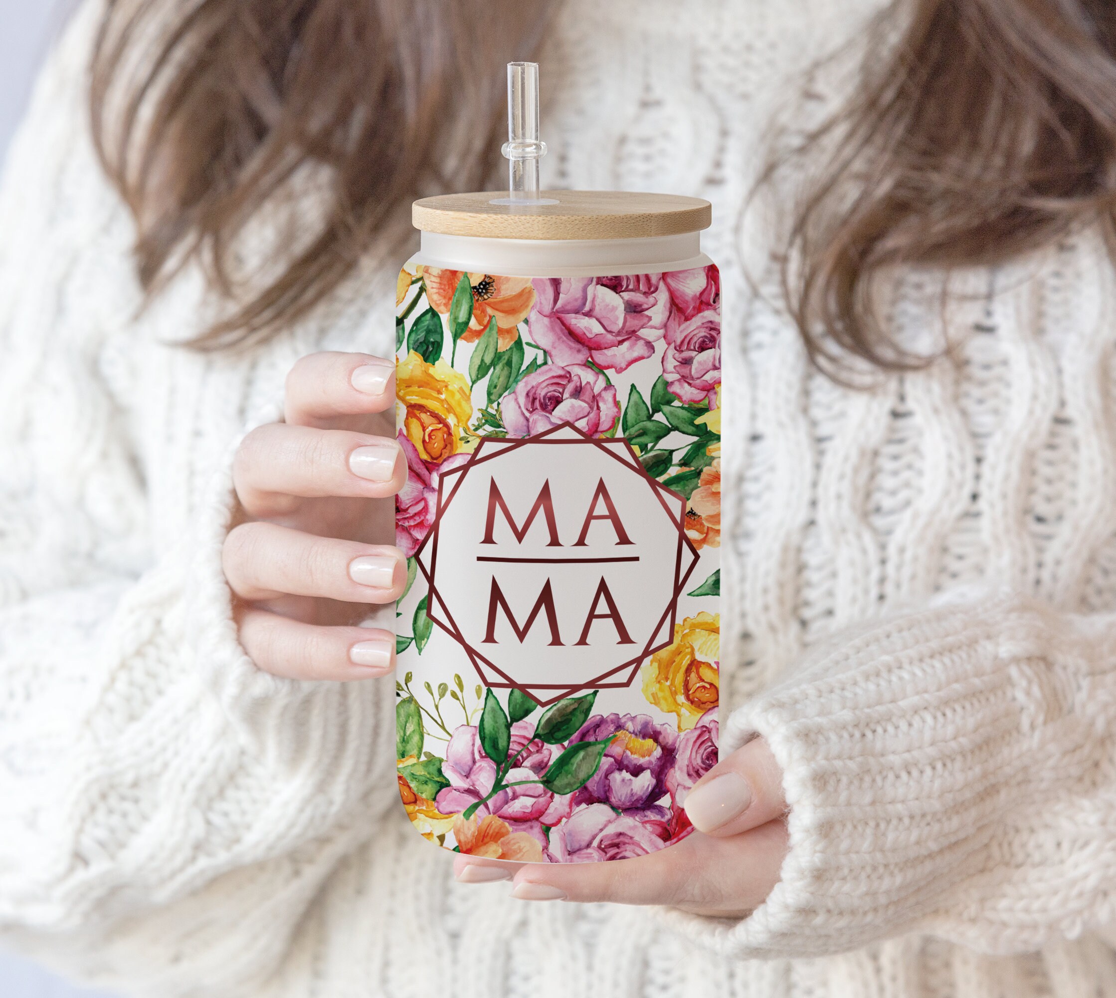 2 Files 16 oz Libbey Glass Can Seamless Mama Flower , Mum life floral Sublimation Design Love Mom Tumbler Wrap, Waterslide glass can 16 oz