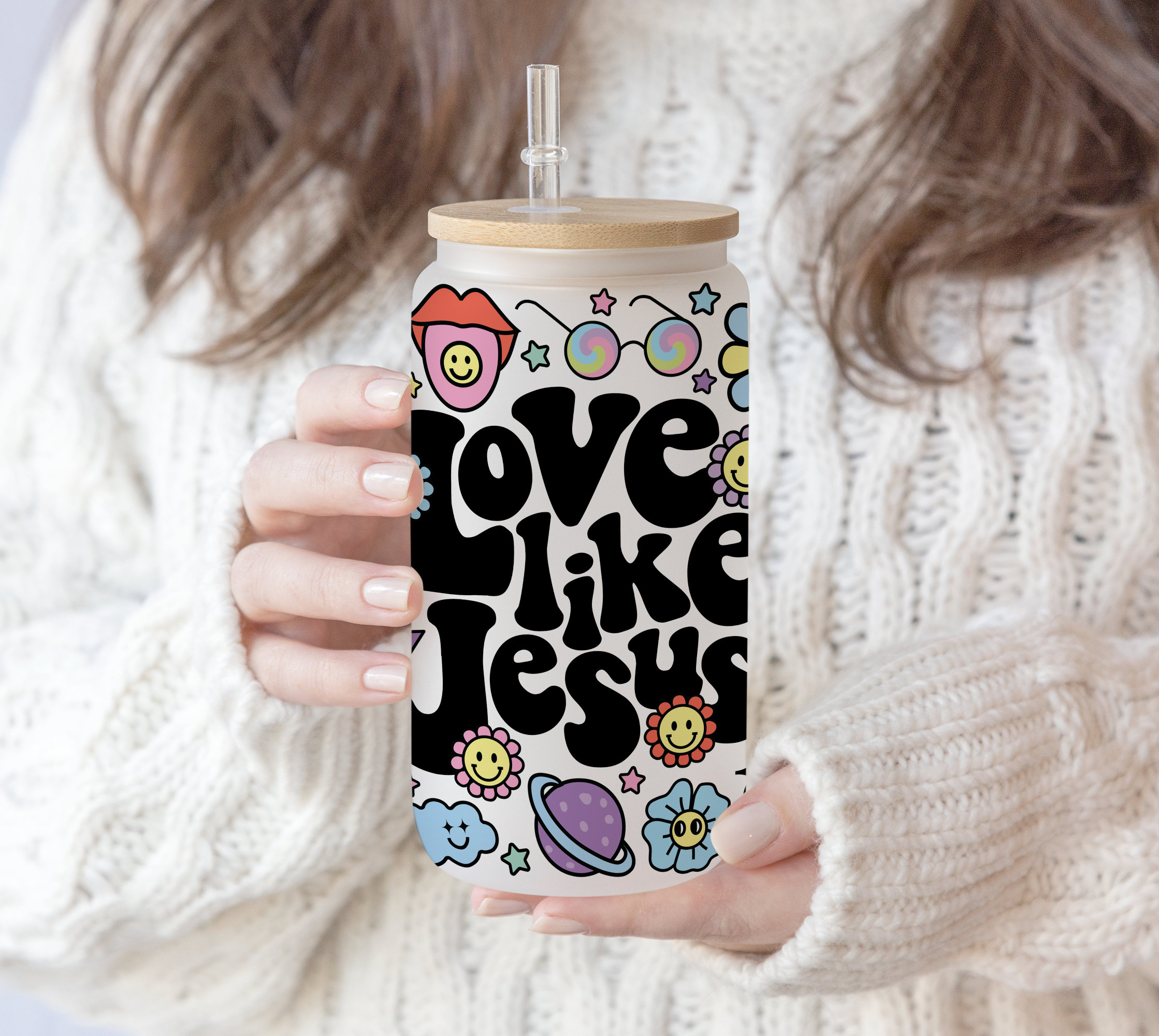 16 oz Libbey Glass Can Tumbler Sublimation Retro Doodle Love Like Jesus Christian Bible Verse Groovy Smiley Design | Smiley face PNG