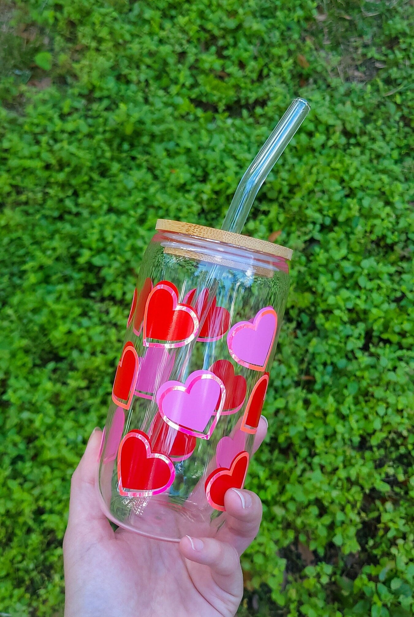 Valentine’s Day Iced Coffee Cup, Holographic Heart Glass Mug, Bestfriend Gift For Galentine’s Day, Valentine Present, Vday Gift For Her