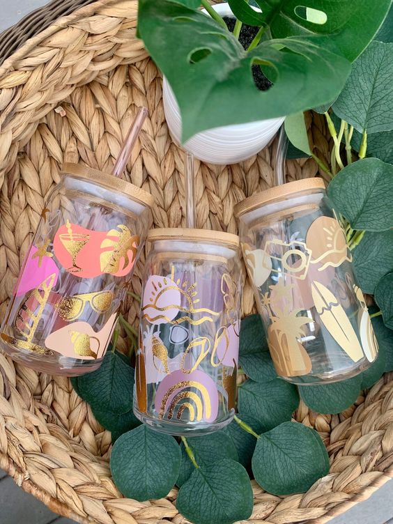 Boho Summer Style Beer Can Glass, Beer Glass, Engraved Lid, Libbey Glass, Coffee Glass, Iced Coffee Glass