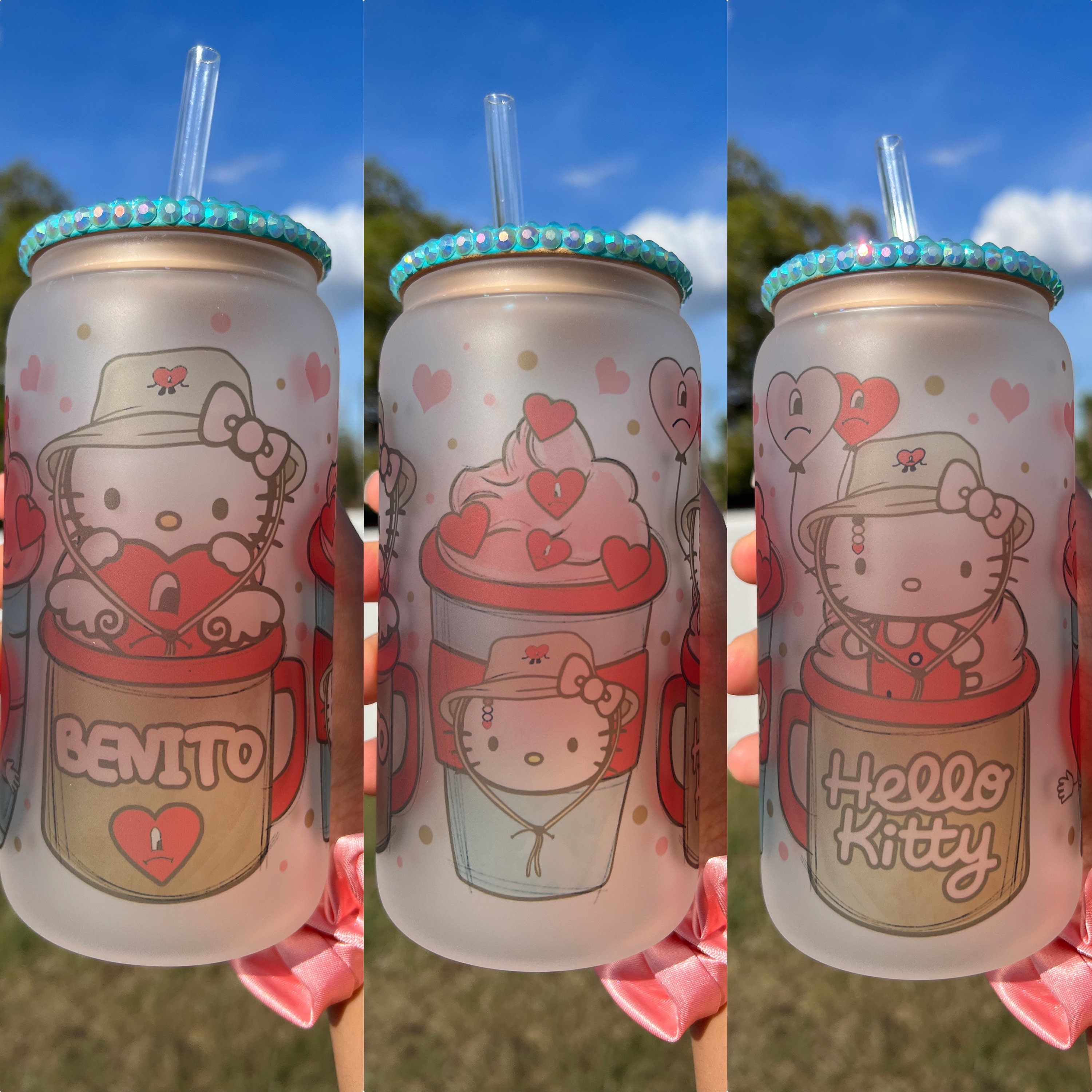 Kawaii Kitty I Love Benito Bad Bunny 16 Oz Frosted Beer Can Glass Cup, Personalized Glass Cups, Kawaii Cups, Cute Cups, Beer Can Glass Cup