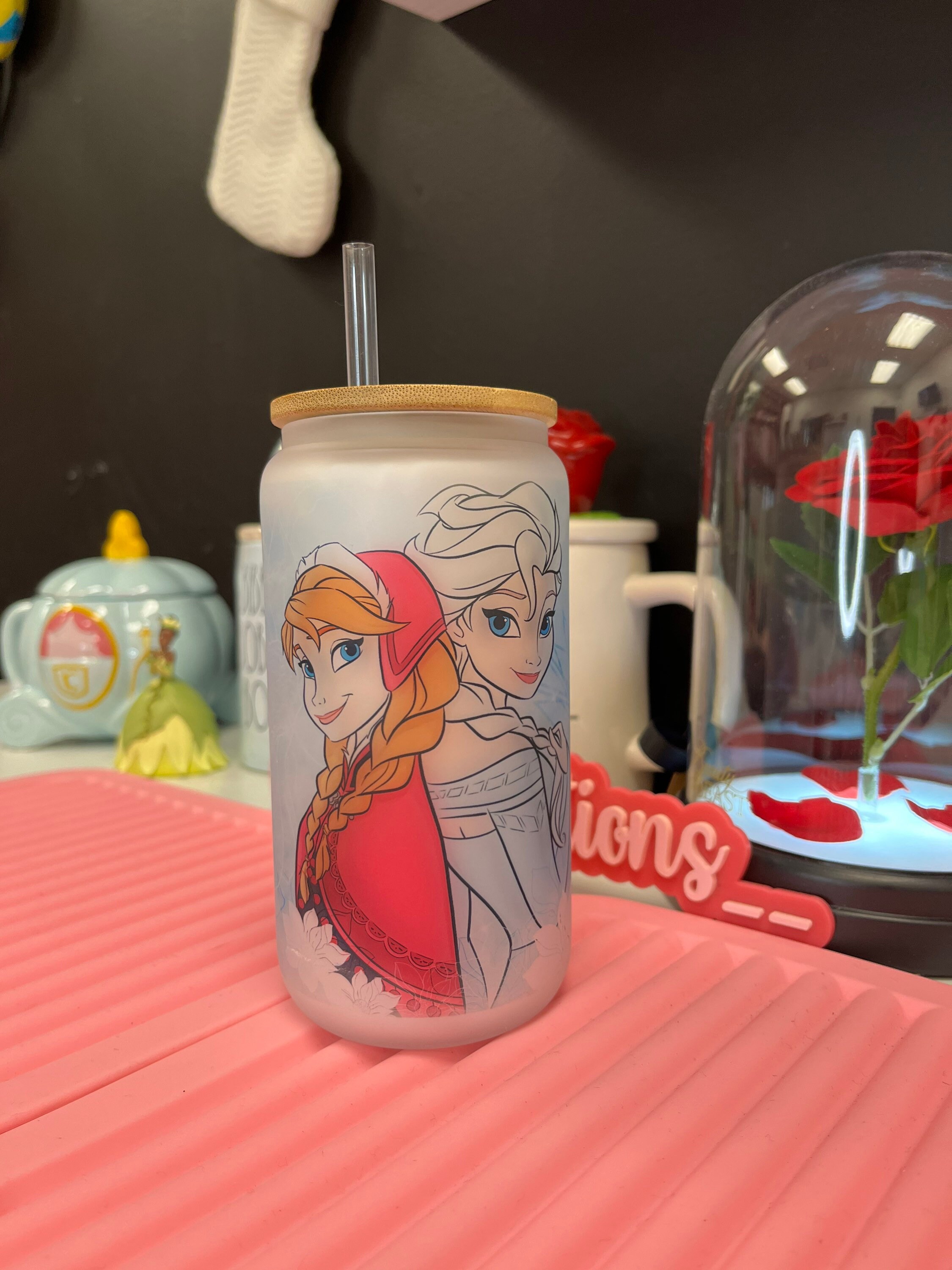 Elsa and Ana Frosted glass can, Glass can, Frozen glass can