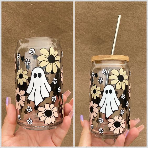 Retro Lilies Ghosts Glass Can, Halloween Glass Can, Libbey Glass Can, Daisy Flowers, Halloween Cups, Lily Cups, Ghosts Cups,halloween Decor