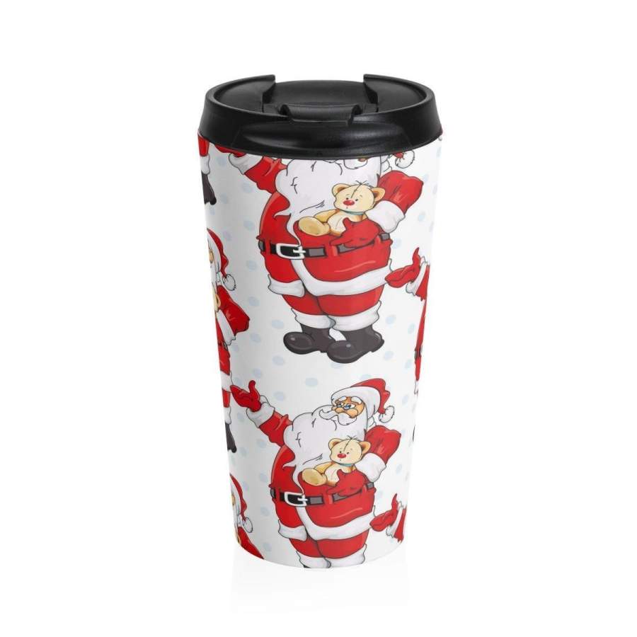 Stainless Steel Travel Mug, Christmas Santa Holiday Travel Mug, All Over Print Steel Mug, 15 Ounce Tumbler, 15oz Coffee Tea Drinkware