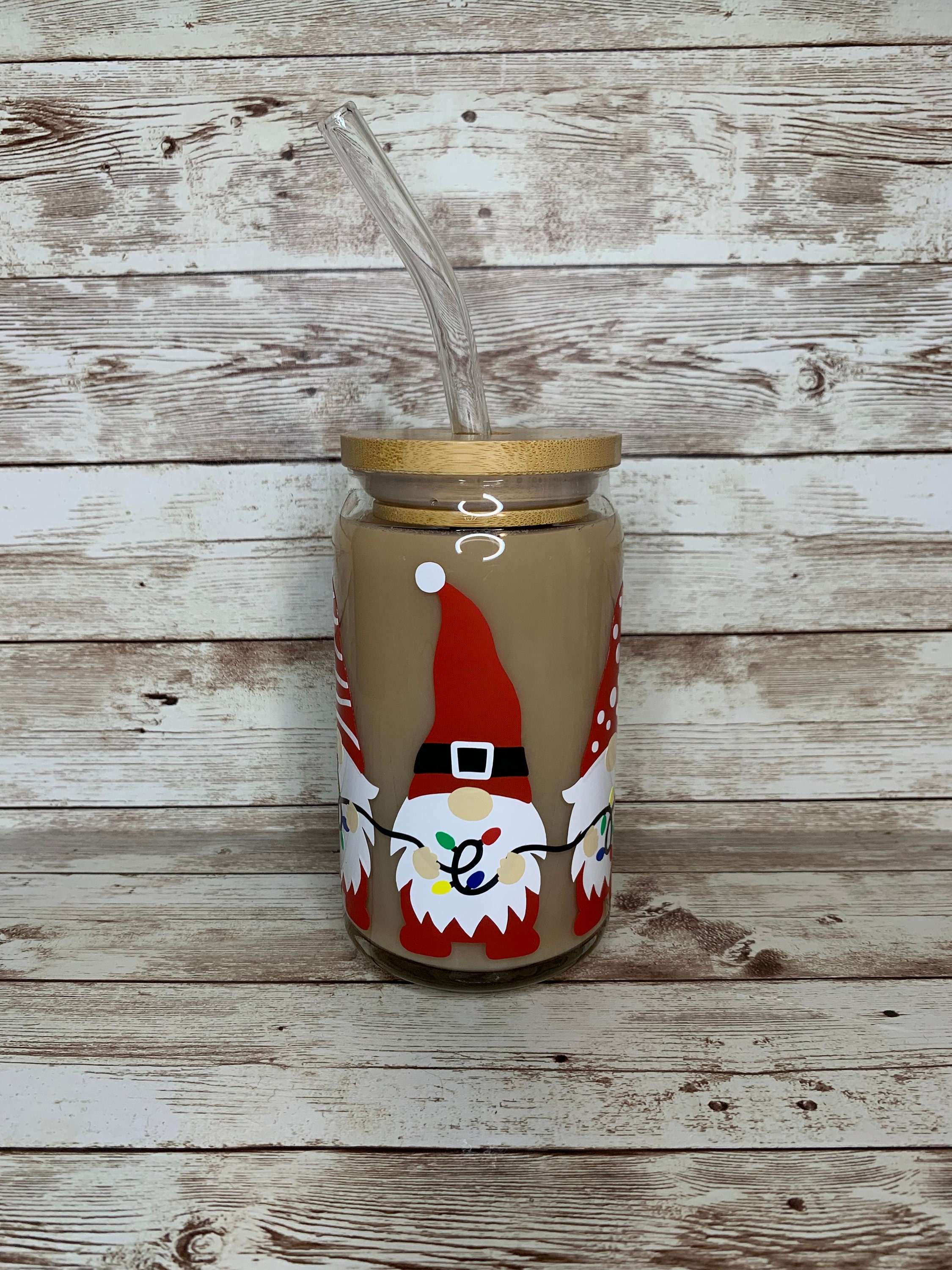 Christmas Gnomes Beer Can Glass / Xmas Lights / Iced Coffee Cup / Gift For Her / Cute Holiday Gnomes / Gift exchange idea / Holiday cup