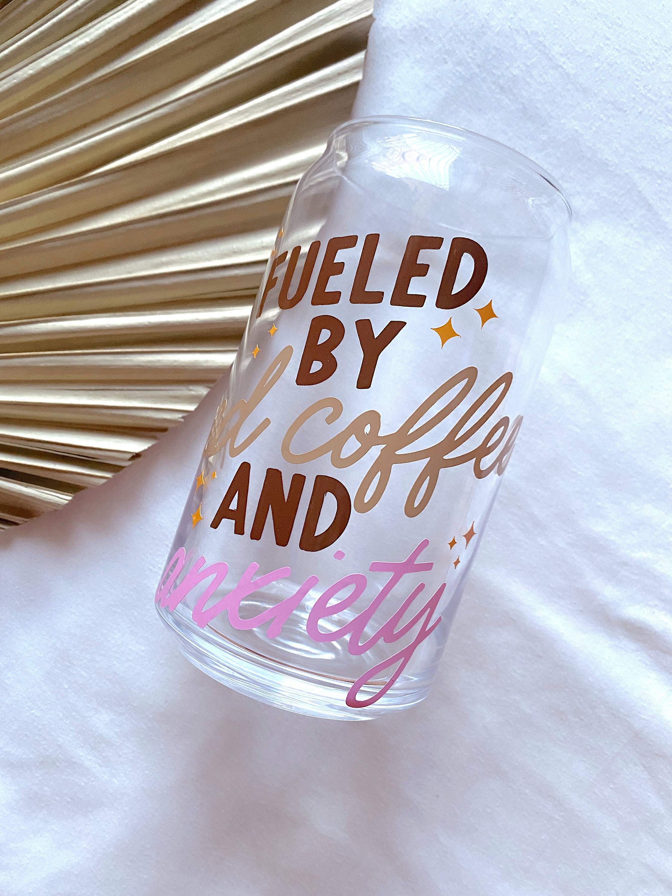 Fueled By Iced Coffee and Anxiety Glass Cup, Trendy Glass Cup, Quote Glass Cup, Mental Health Glass Cup