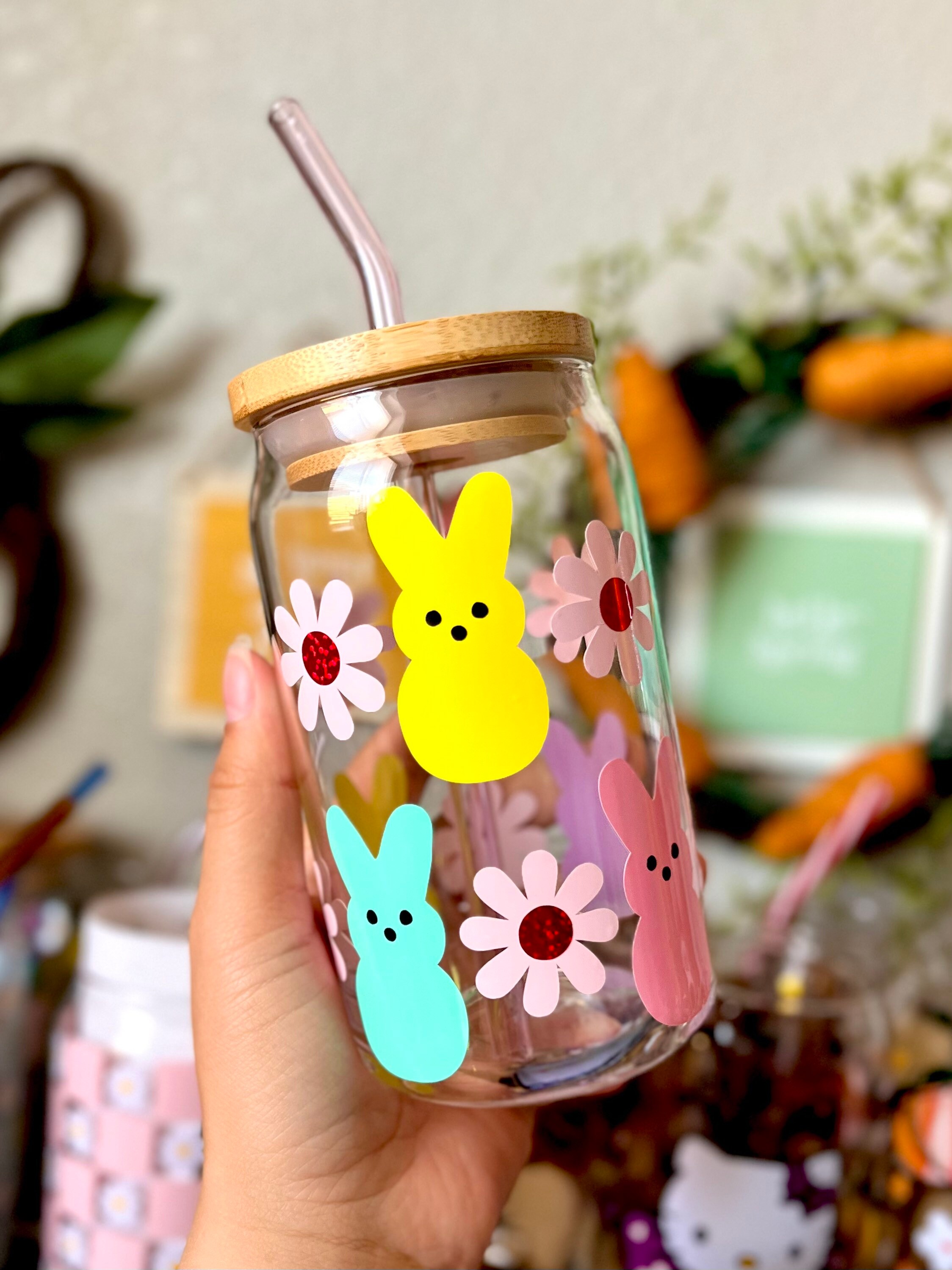 Floral Easter Peeps 16 oz Beer Can Glass | Spring Cup | Self Love | Iced Coffee | Smoothie | Boho | Gift | Mom | Flowers | Easter Bunny Eggs