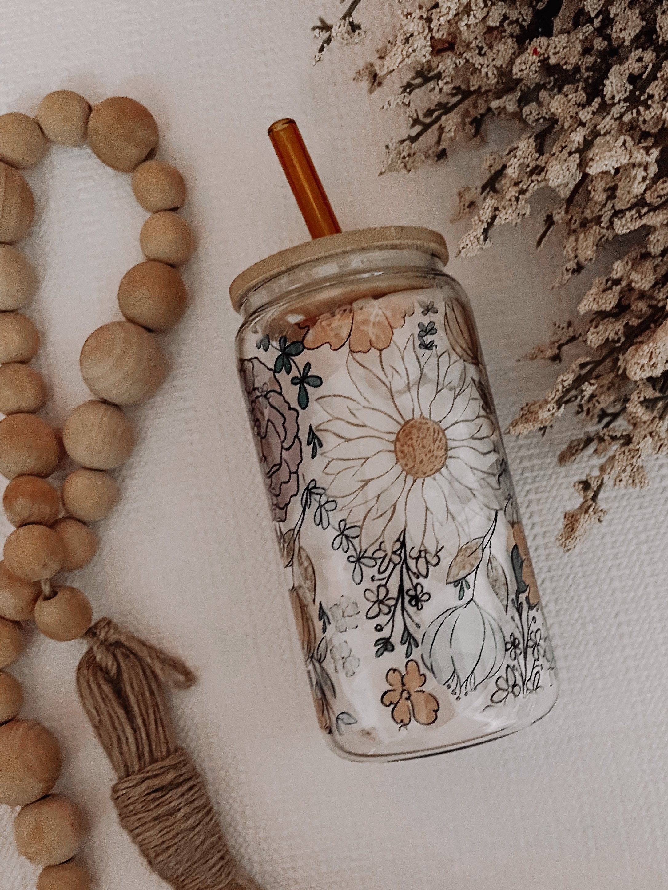 Trendy Floral Glass Can Cup, Iced Coffee Cup, Smoothie Glass, Fall Cup for Iced Coffee, Cold Drink Cup, Reusable Plastic Straw & Bamboo Lid