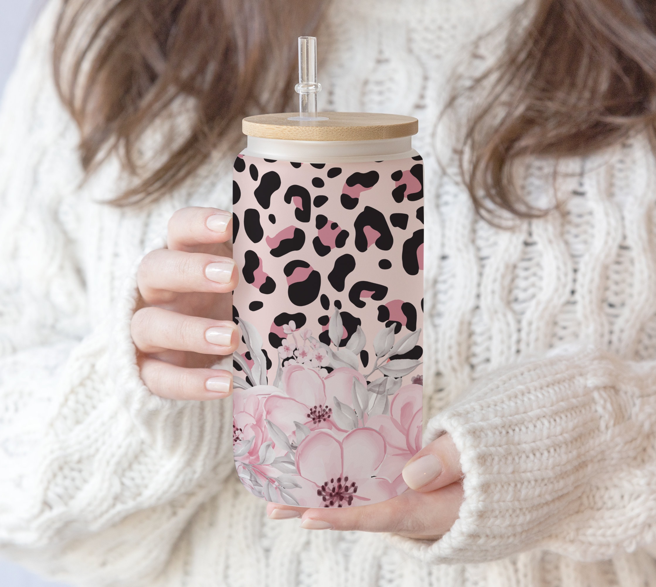 2 files 16 oz Libbey Glass Can Tumbler Pink Leopard Flower , Mum life floral Sublimation Design Love Mom Tumbler Wrap, Waterslide glass can