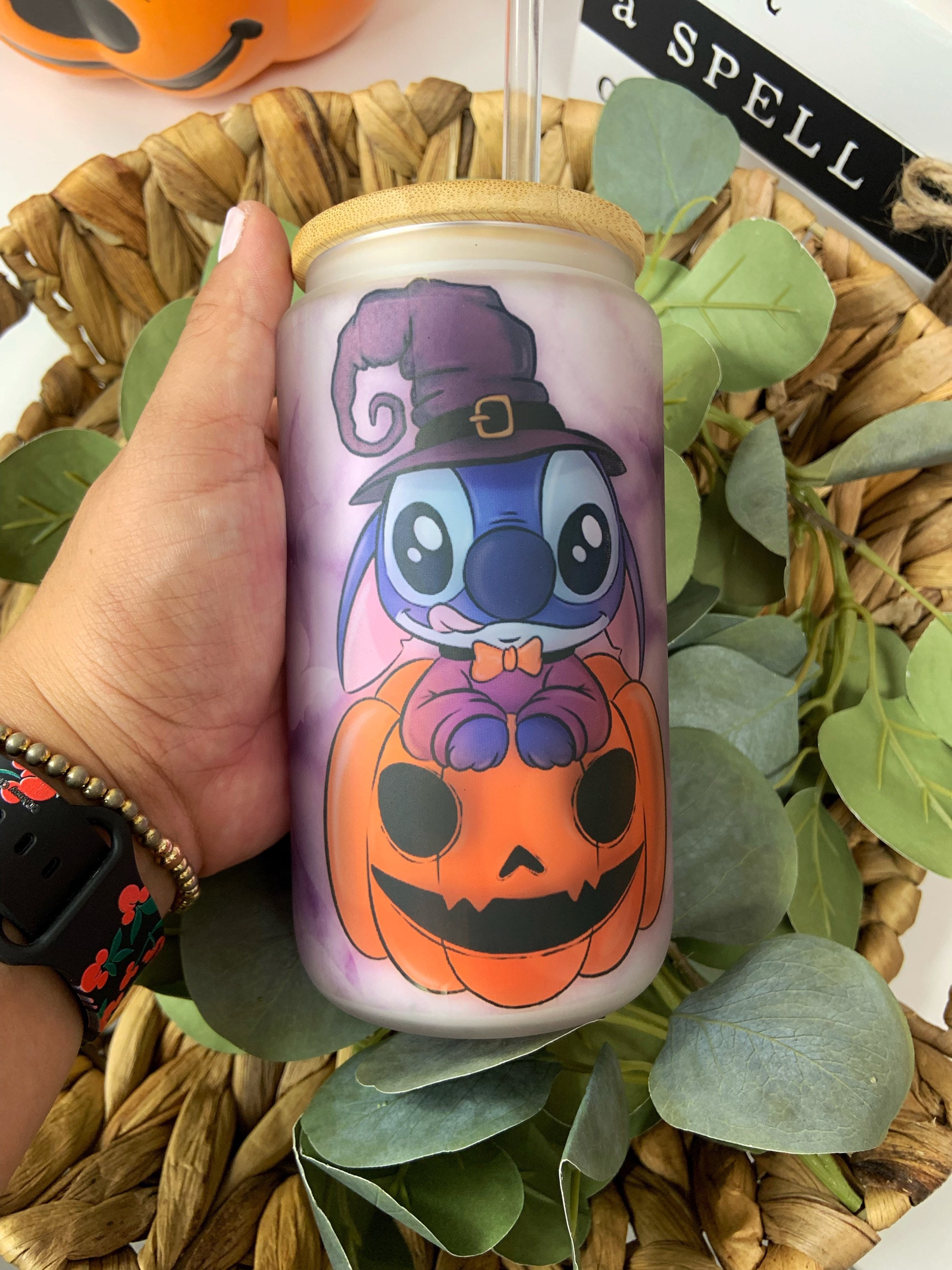 Stitch witch pumpkin glass can, Stitch Halloween Glass can, custom glass can