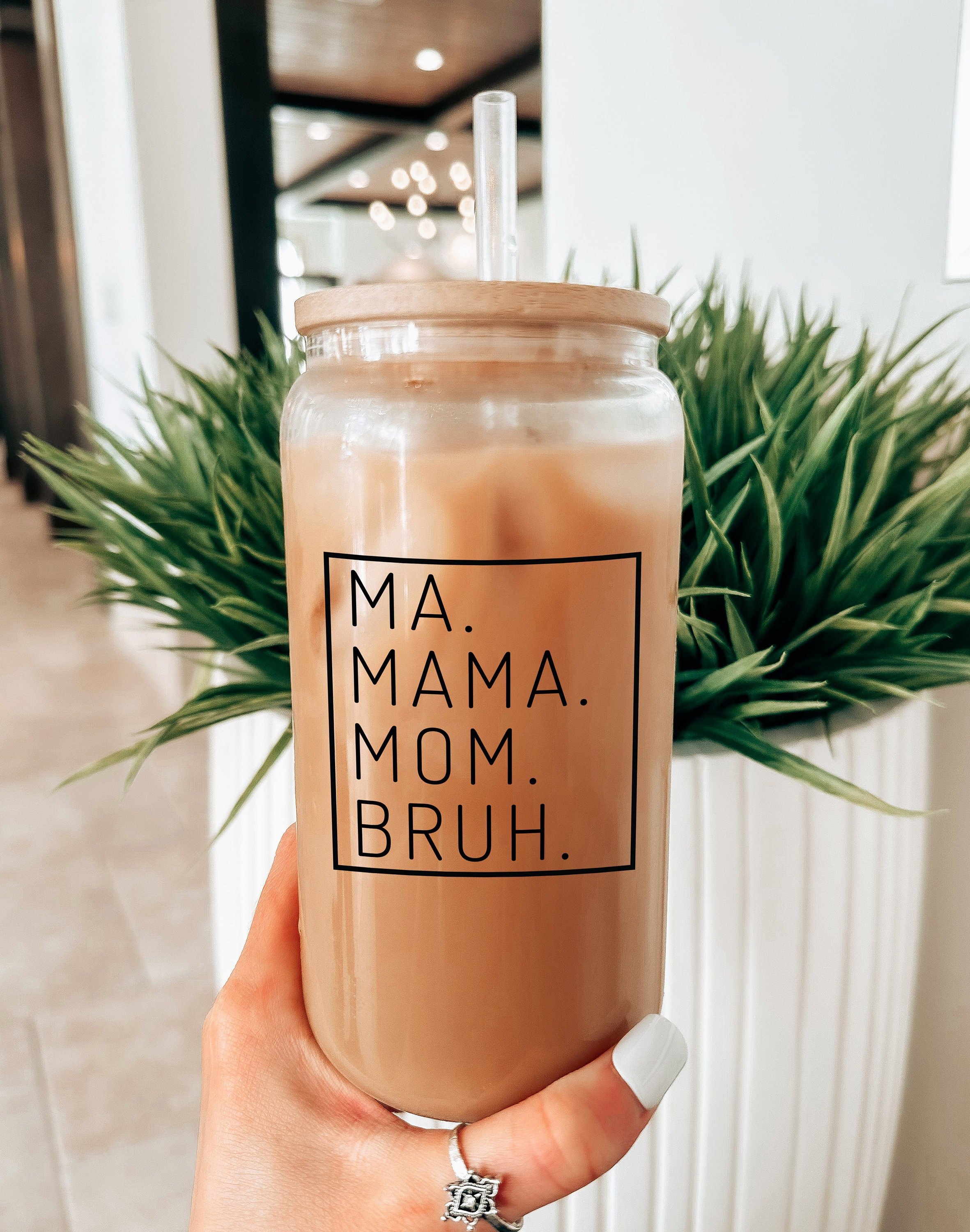 Mama Glass Cup with Lid & Straw, Customized Gift For Mom Iced Coffee Glass Can,  Ma Mama Mom Bruh Design, 16oz Beer Can Glass Custom Tumbler