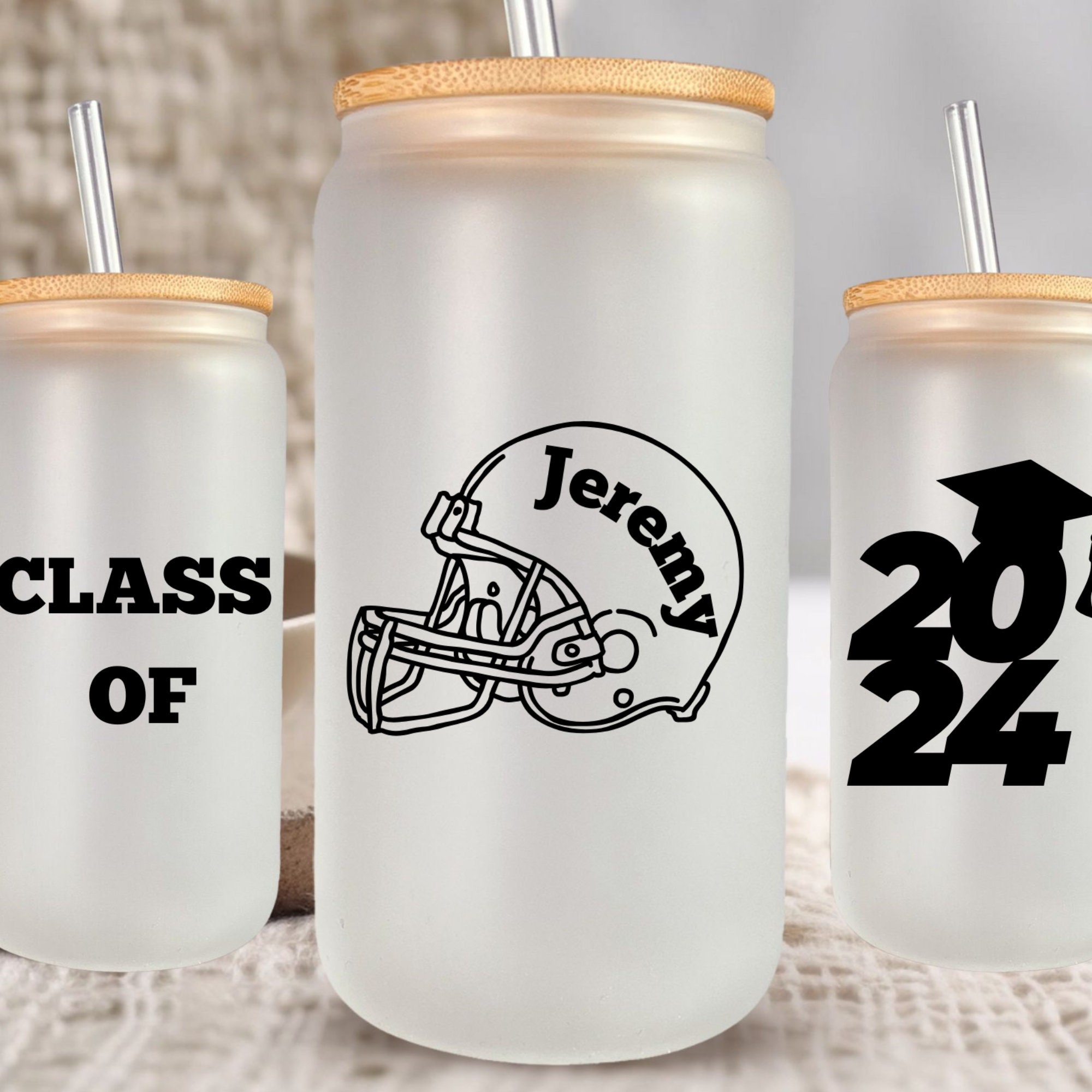 Personalized Football Graduation Gift for Him, 16oz or 20oz Glass Can with Lid and Straw, Custom Graduation Gifts, Class of 2024 Gifts