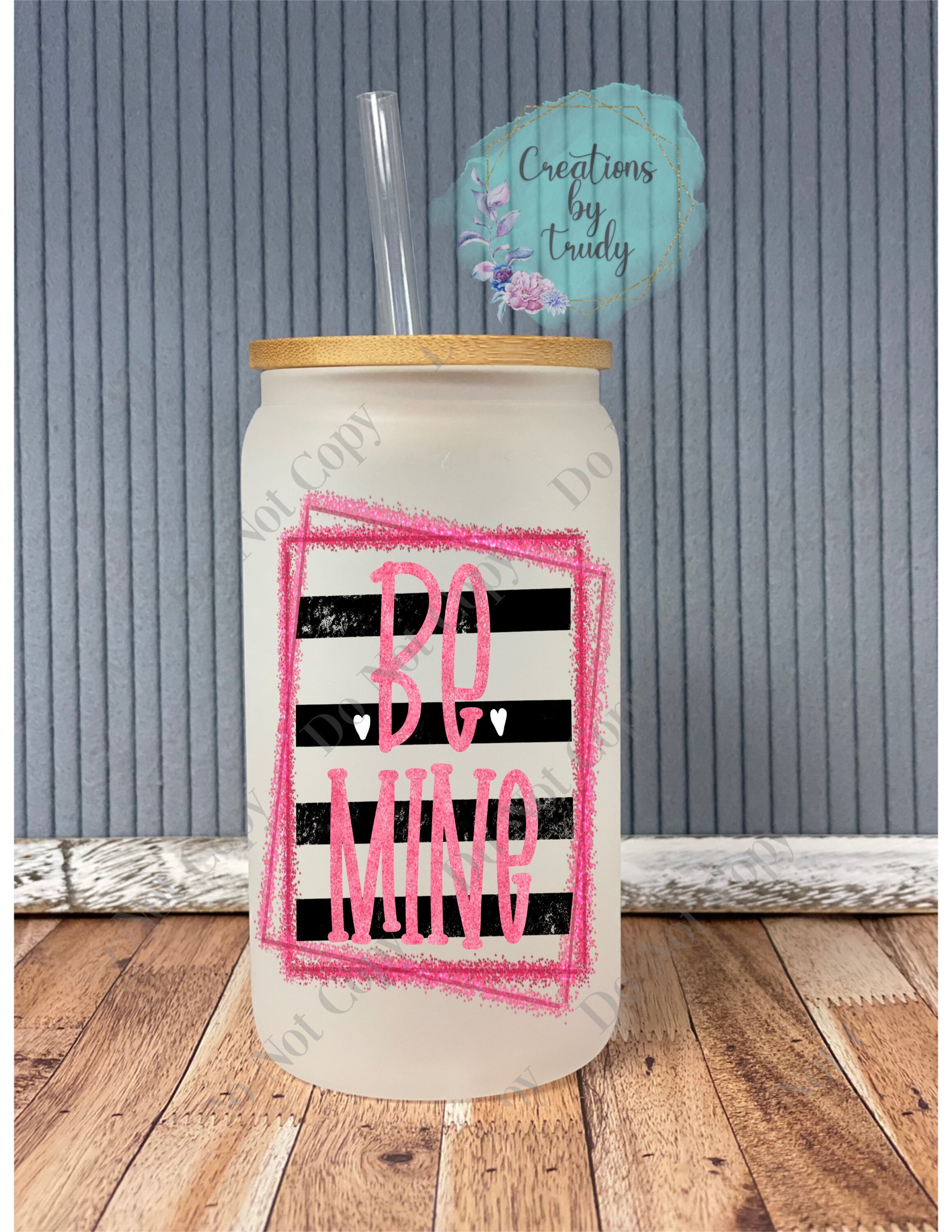 Be mine stripes- frosted can shaped glass with lid and straw