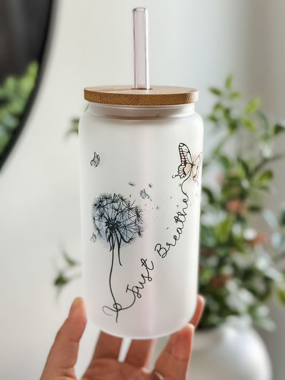 Just Breathe Glass Tumbler Dandelion And Butterfly Modivational Iced Coffee Tumbler